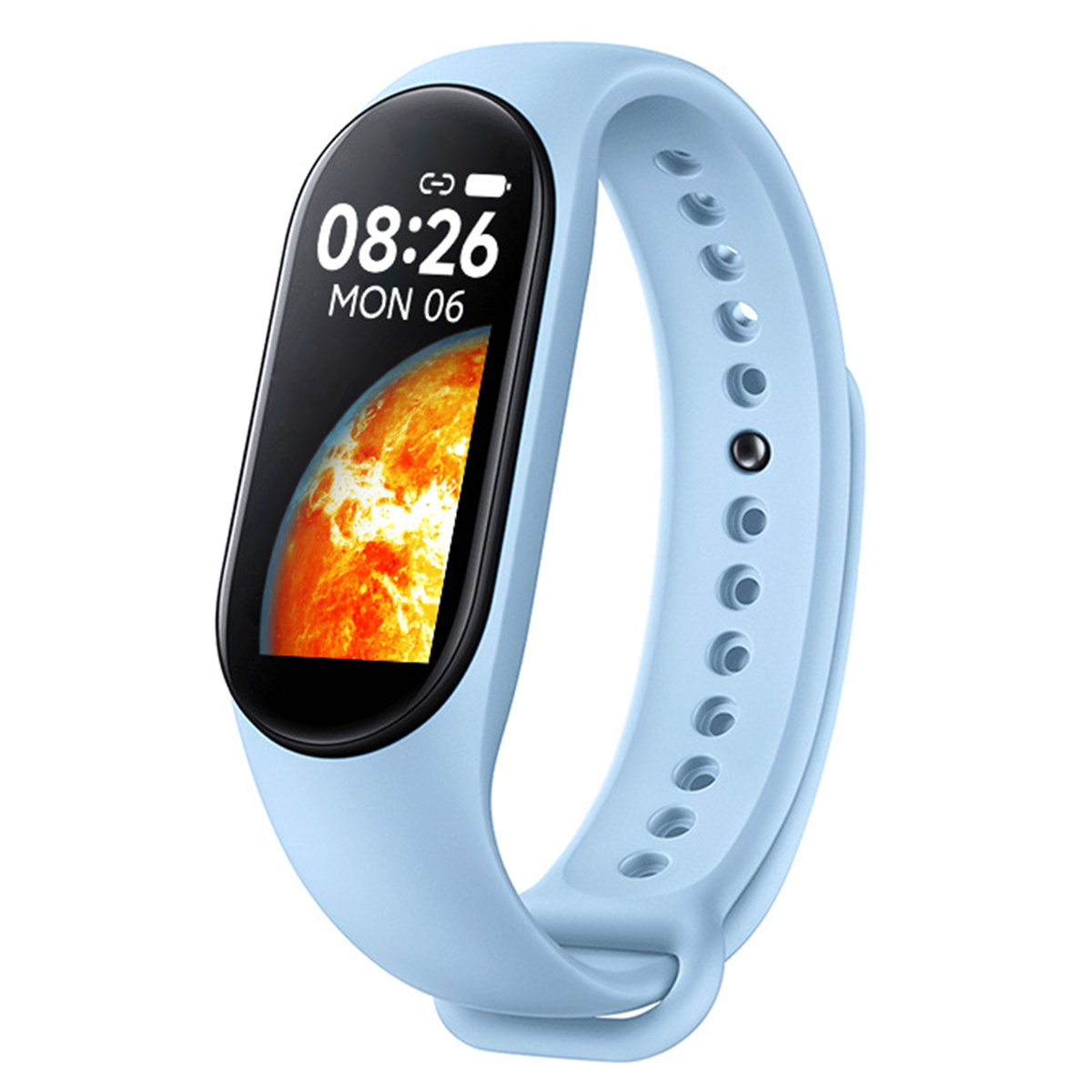 Hellblaue Fitnessuhr mit Anzeige von Zeit und Sonnenbild.