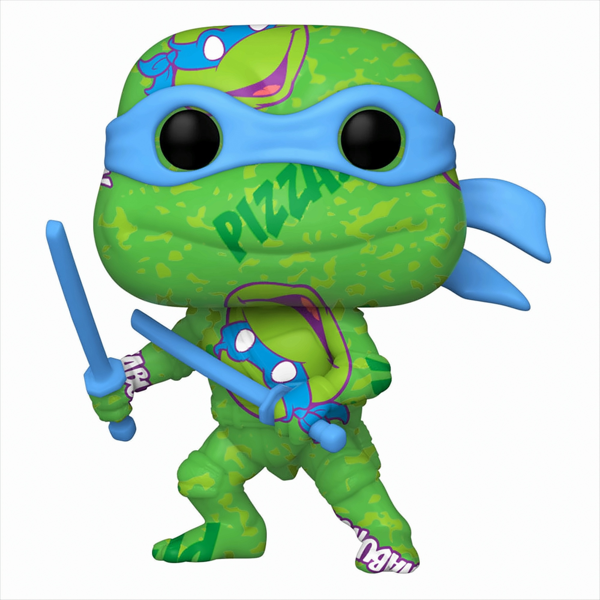 Teenage Mutant Ninja Turtle Leonardo Figur mit blauer Maske und Schwertern, grüner Körper und Pizza-Text.