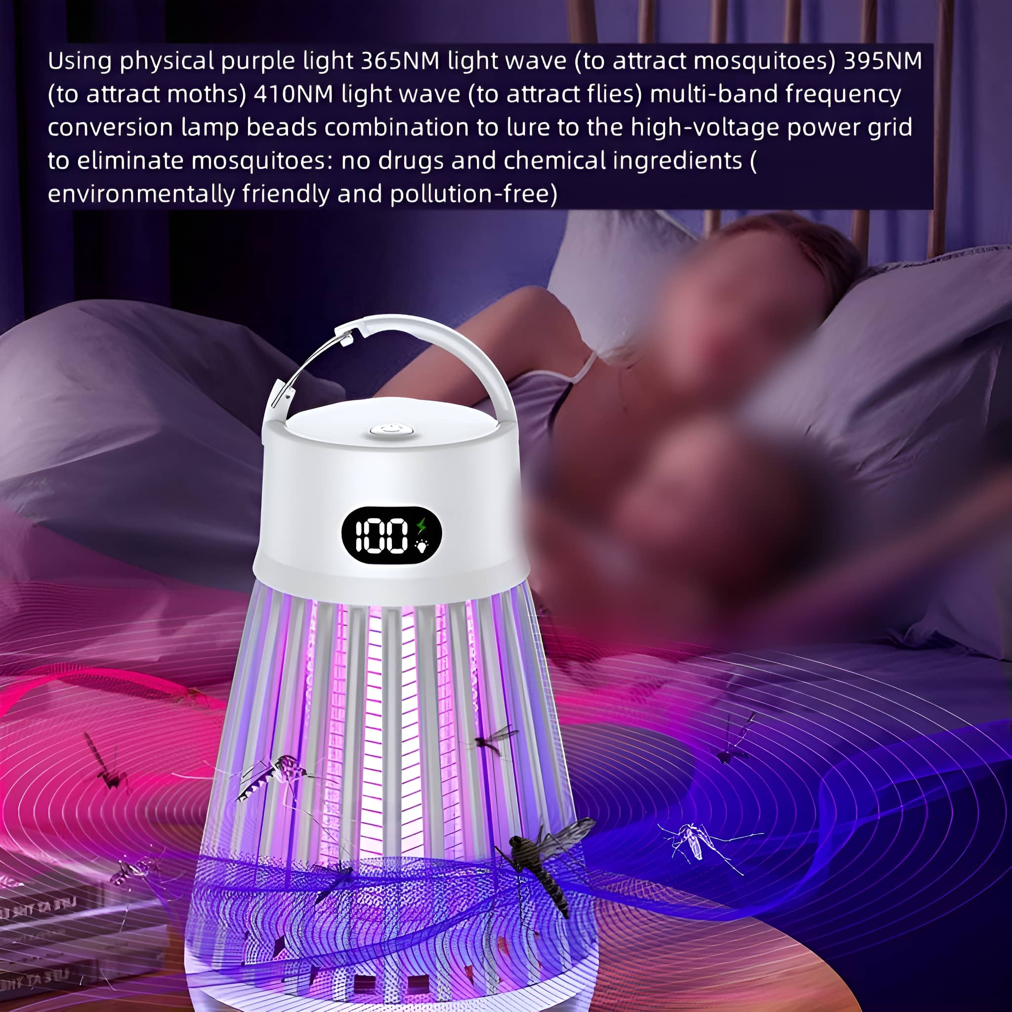 Weiße Mückenfalle, die violettes Licht aussendet, mit Text über ihre Funktion.