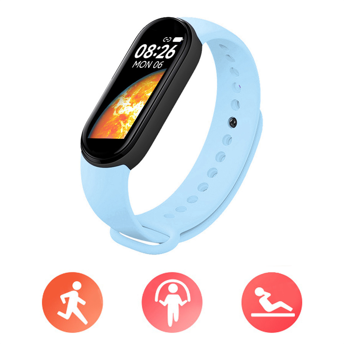 Hellblauer Fitnesstracker mit schwarzem Bildschirm und Uhrzeit. Rote Symbole unten.