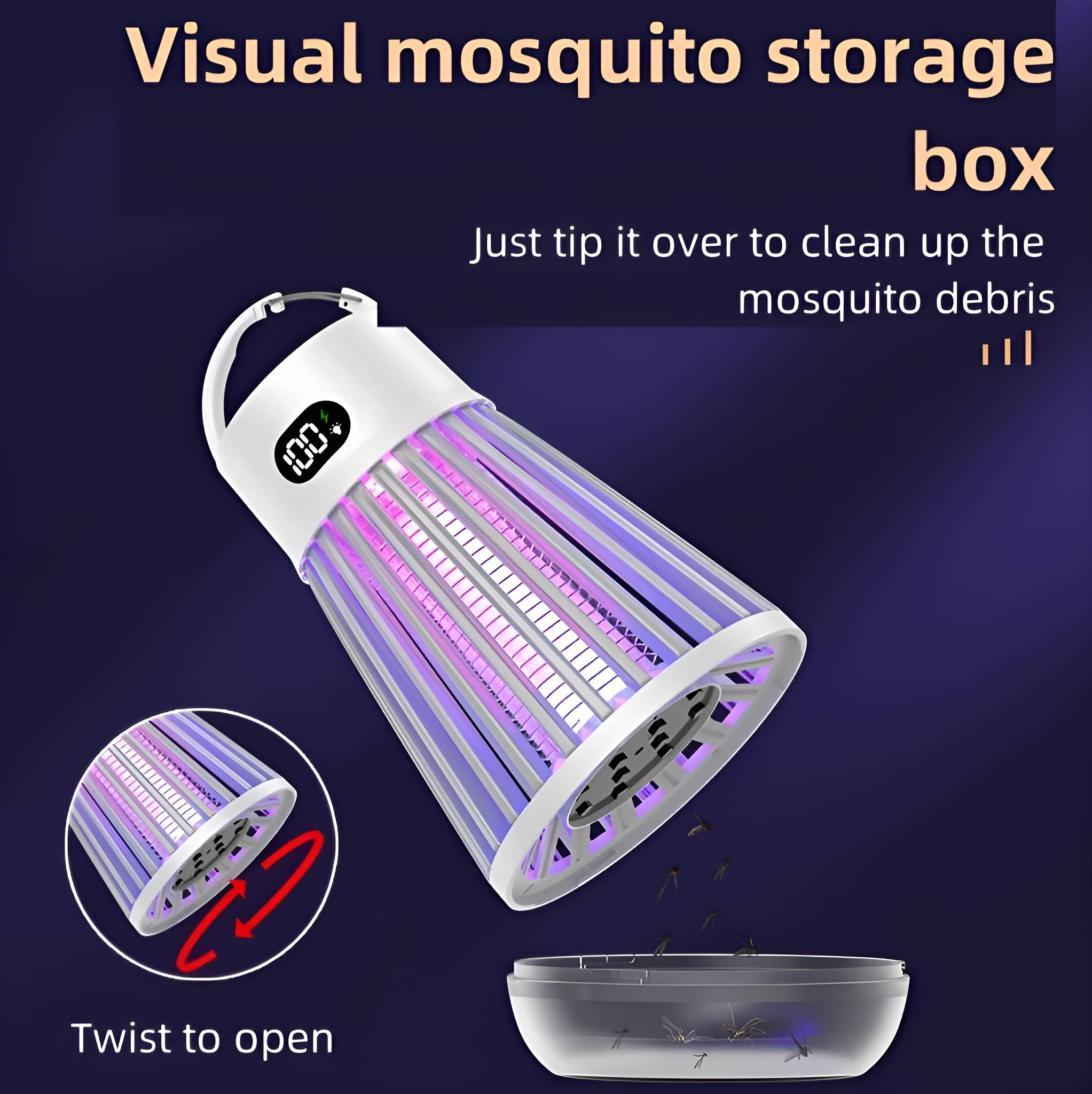 Eine visuelle Moskitospeicherbox, weiß mit lila Licht, mit Text und einer Illustration.