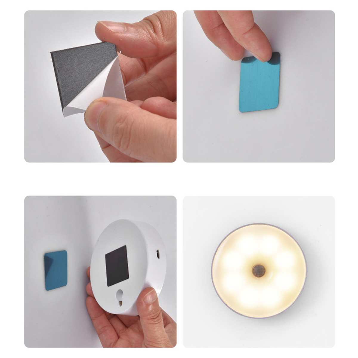 Hände ziehen Klebstoff von quadratischem Pad ab. Ein blaues Pad wird angebracht, dann ein Licht.