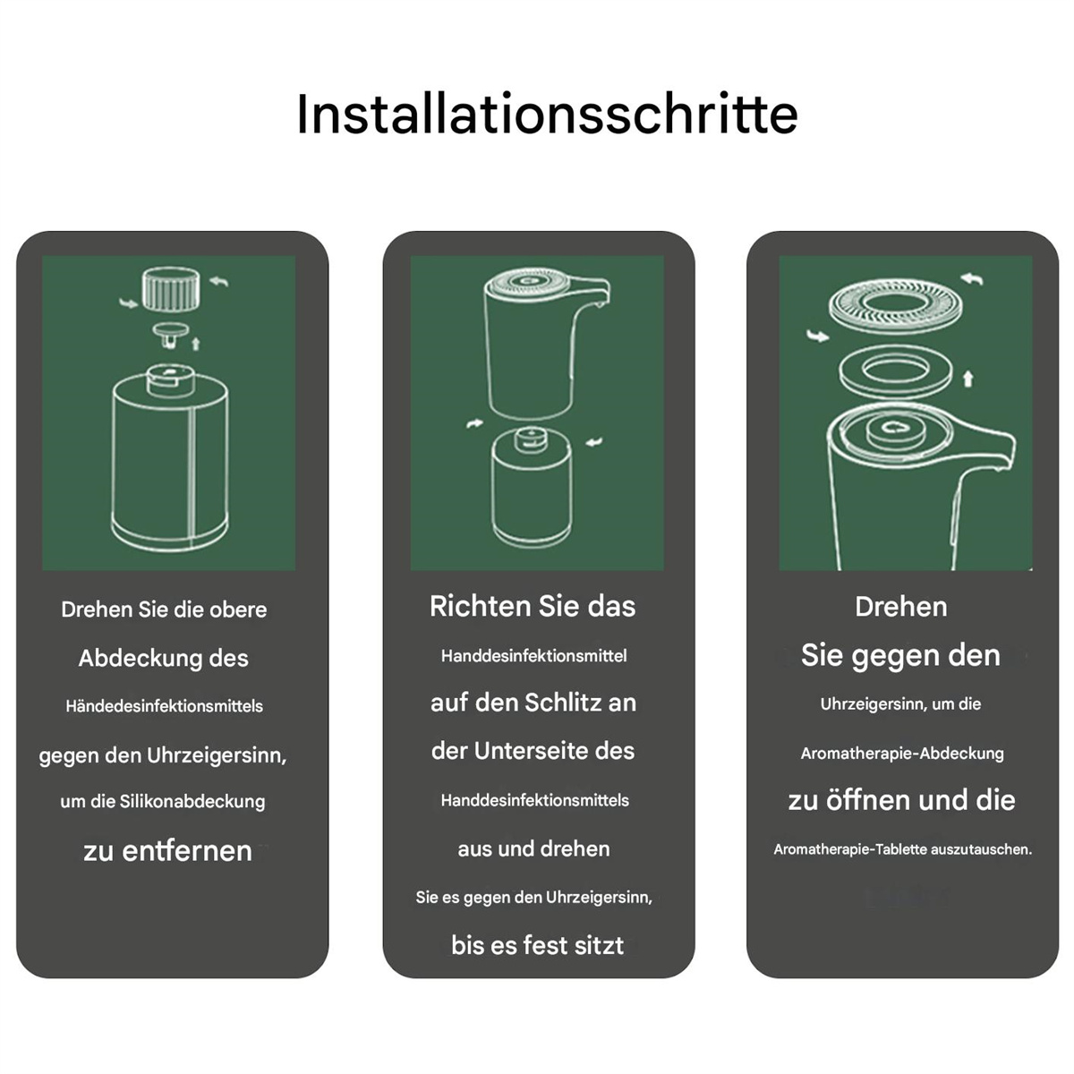 Anleitung mit Bildern zur Montage eines Produkts. Zeigt die Schritte.