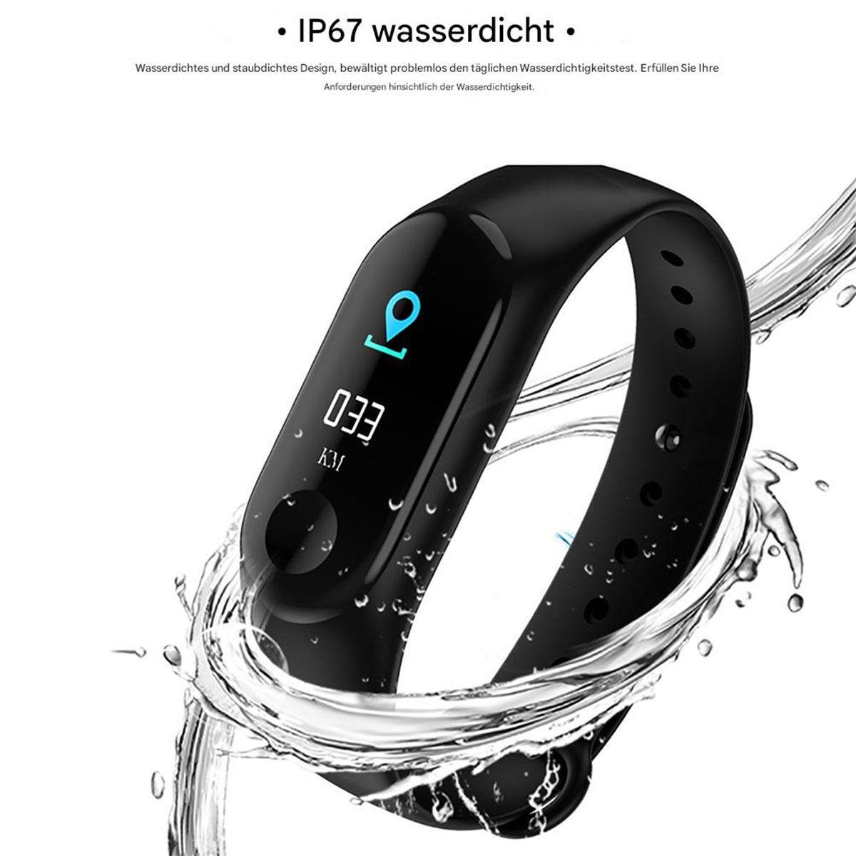 Schwarzer Fitnesstracker mit Bildschirm, der Daten anzeigt, Wasser spritzt herum.