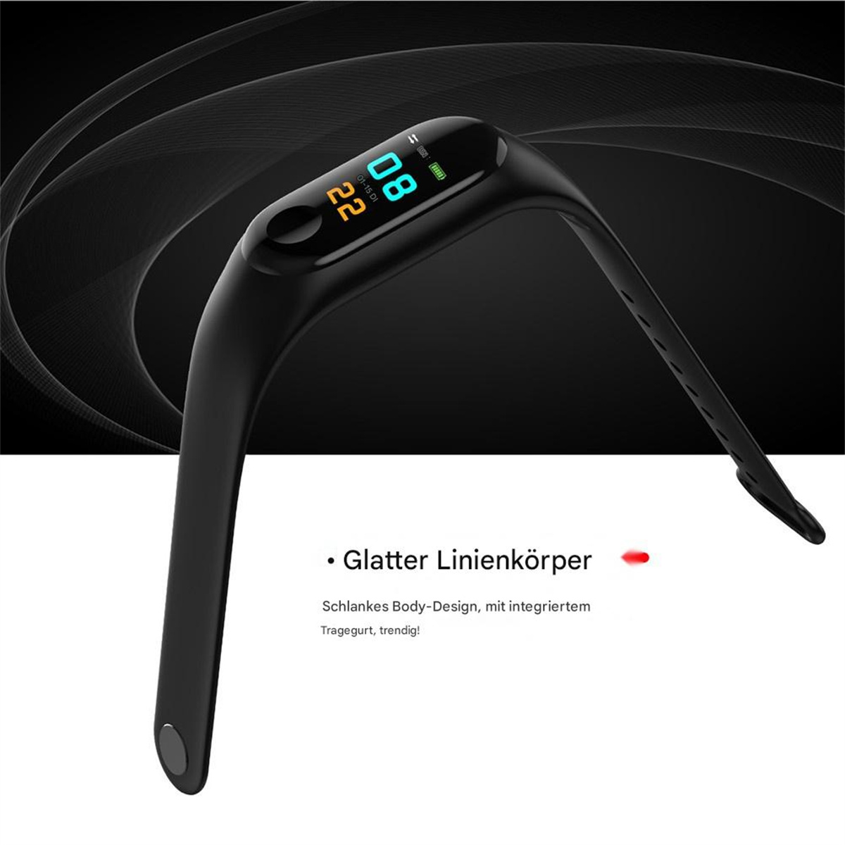 Schwarzer Fitnesstracker mit schwarzem Armband. Der Tracker ist gebogen und der Hintergrund ist schwarz.