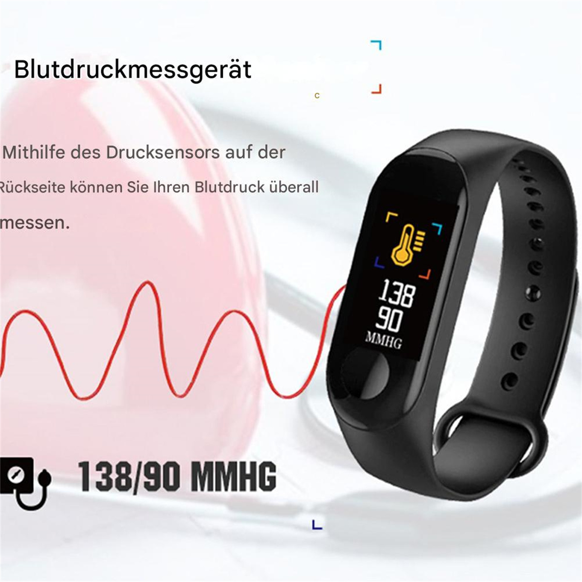 Smartwatch mit Blutdruckanzeige (138/90 mmHg) mit roter Wellenform.