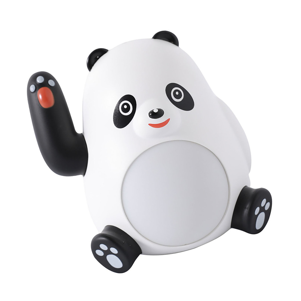 Niedliches Panda-Spielzeug winkt mit einem Schwarz-Weiß-Farbschema.