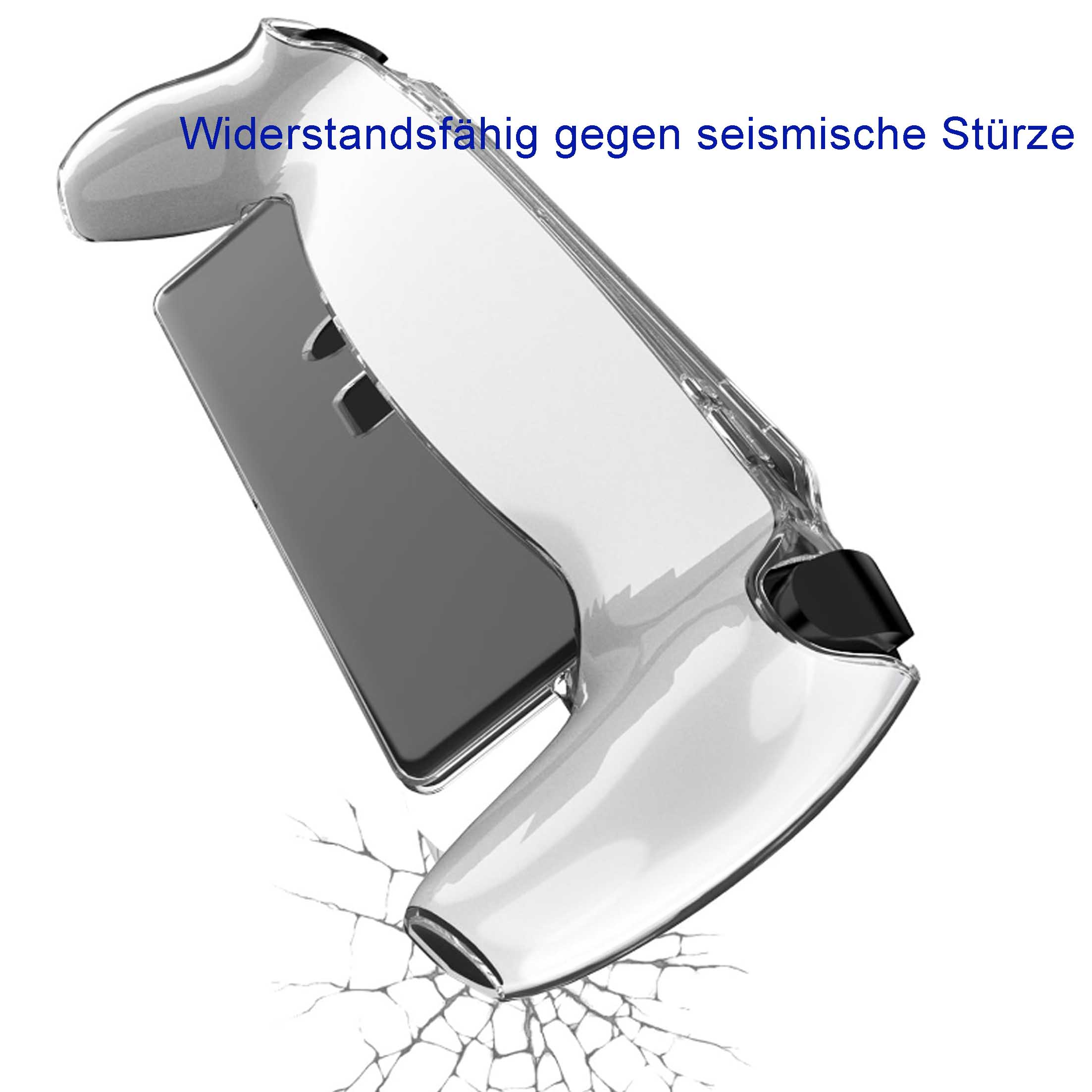 Transparente Handyhülle. Text: 'Beständig gegen seismische Stürze'.