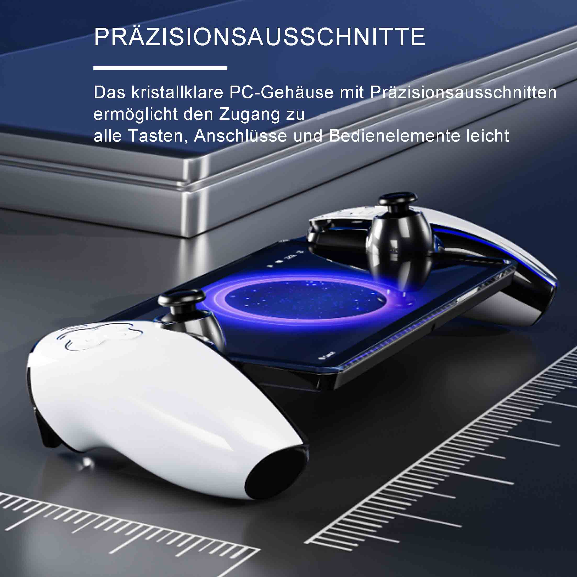 Gamecontroller mit weißen Griffen und schwarzen Joysticks, der auf einem Gerät mit blauem Licht liegt. Der Hintergrund ist verschwommen.