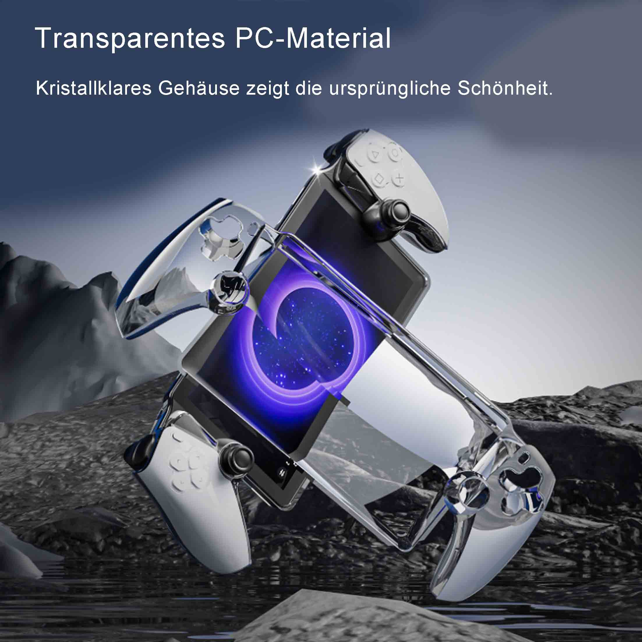 Ein Telefon in einer transparenten Schutzhülle mit Controller-Design. Dunkler, felsiger Hintergrund.