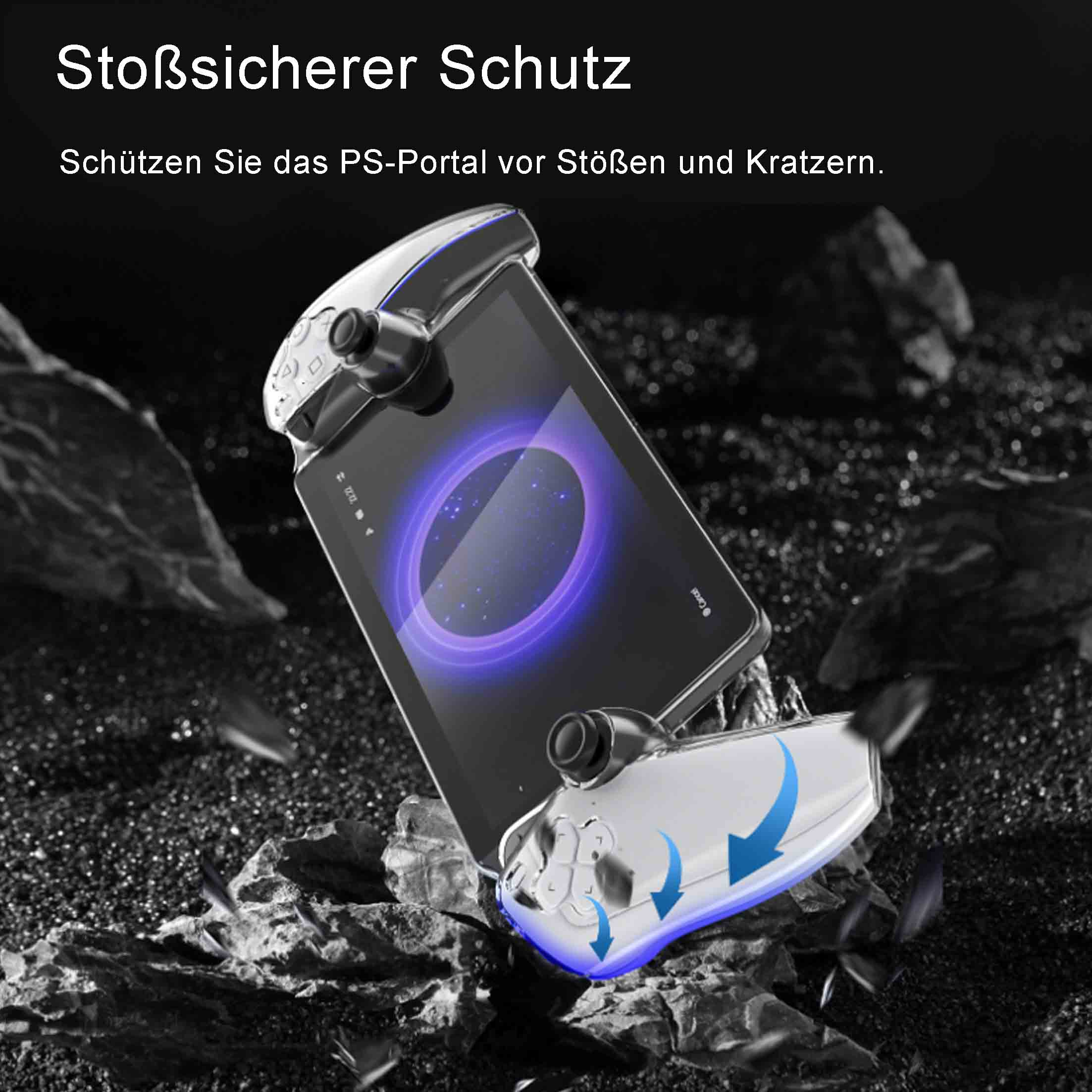 Schwarzes PS-Portal mit Controllern auf felsigem Untergrund. Schützendes blaues Licht um den Bildschirm.