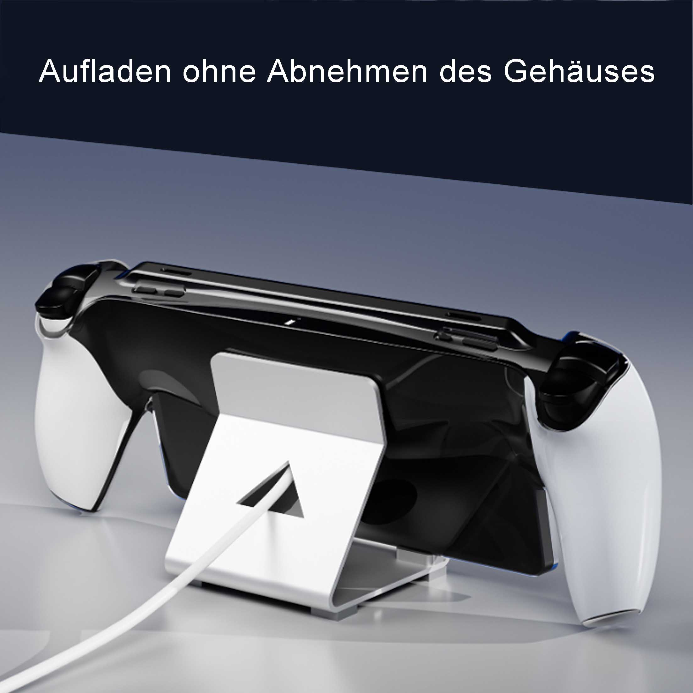 Ein weißer Ladeständer mit Controller-Griffen, der ein Gerät auflädt.