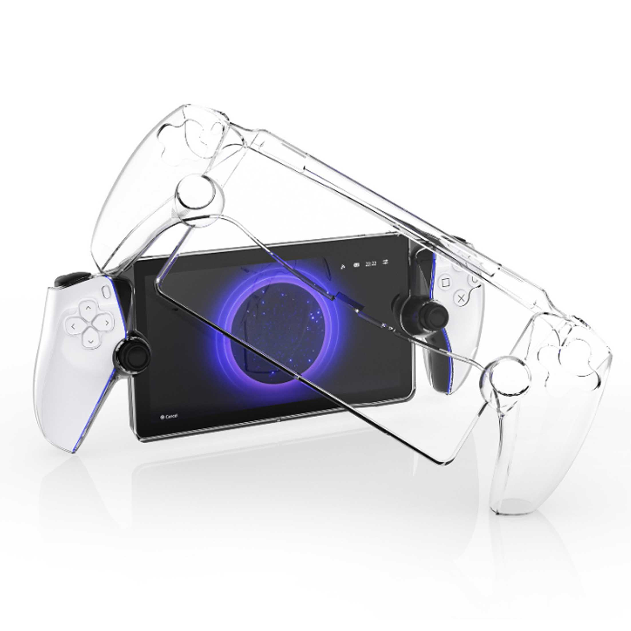 Eine transparente Schutzhülle, die ein Tablet mit kreisförmiger Oberfläche und angeschlossenen Gamecontrollern hält.