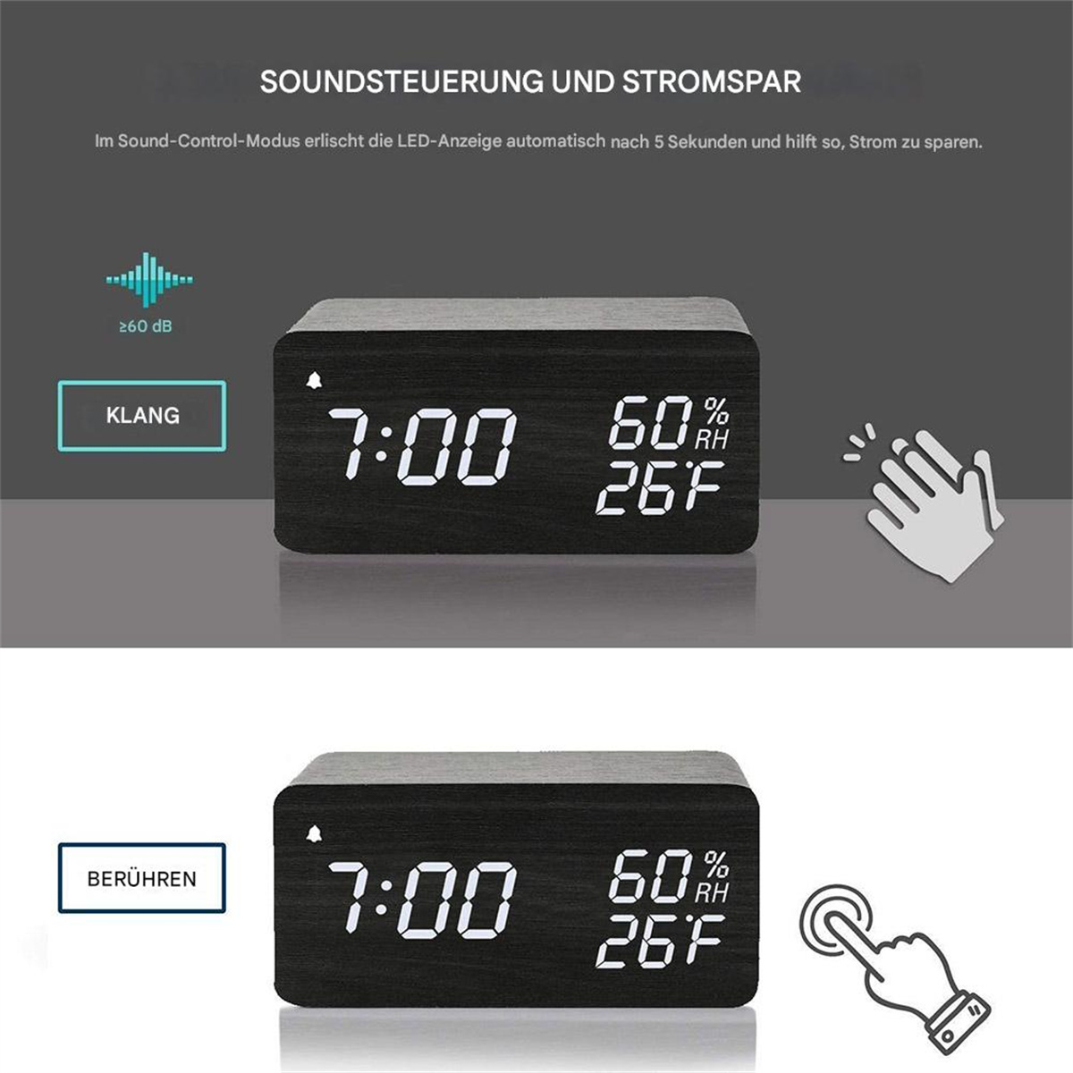 Ein schwarzer digitaler Wecker aus Holz, der 7:00, 60 % Luftfeuchtigkeit und 26 °F anzeigt. Steuerung durch Ton oder Berührung.