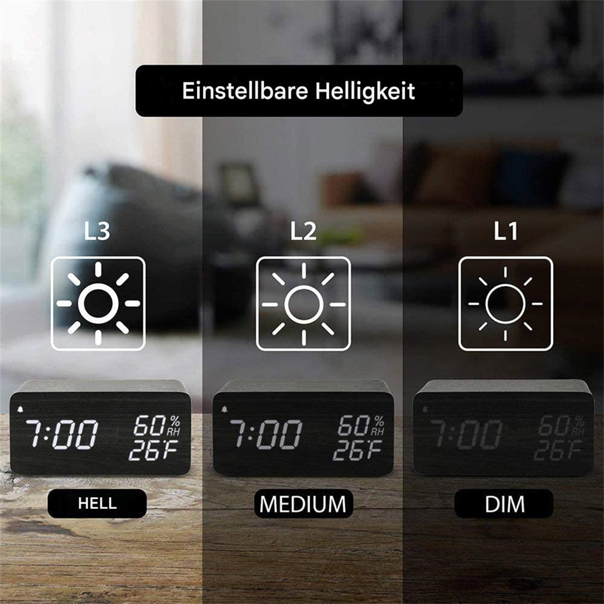 Eine Holzuhr, die 7:00 Uhr anzeigt, mit verschiedenen Helligkeitseinstellungen. Die Uhr zeigt auch Temperatur & Luftfeuchtigkeit.