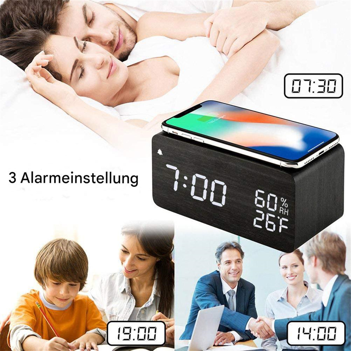 Hölzerne Digitaluhr mit kabellosem Laden, Menschen im Hintergrund.