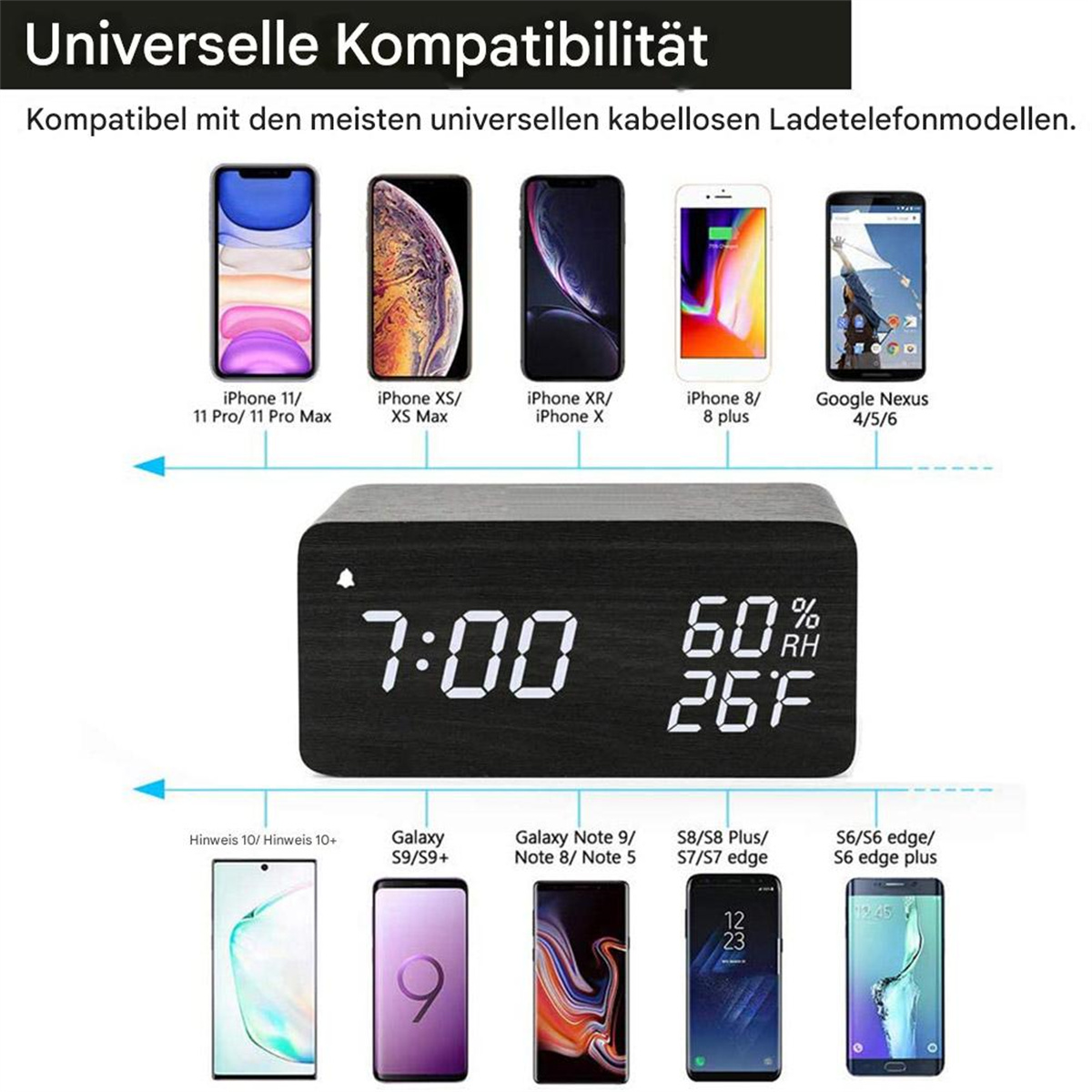 Drahtlose Wecker aus Holz mit Anzeige von Zeit, Luftfeuchtigkeit und Temperatur. Umgeben von Telefonen.