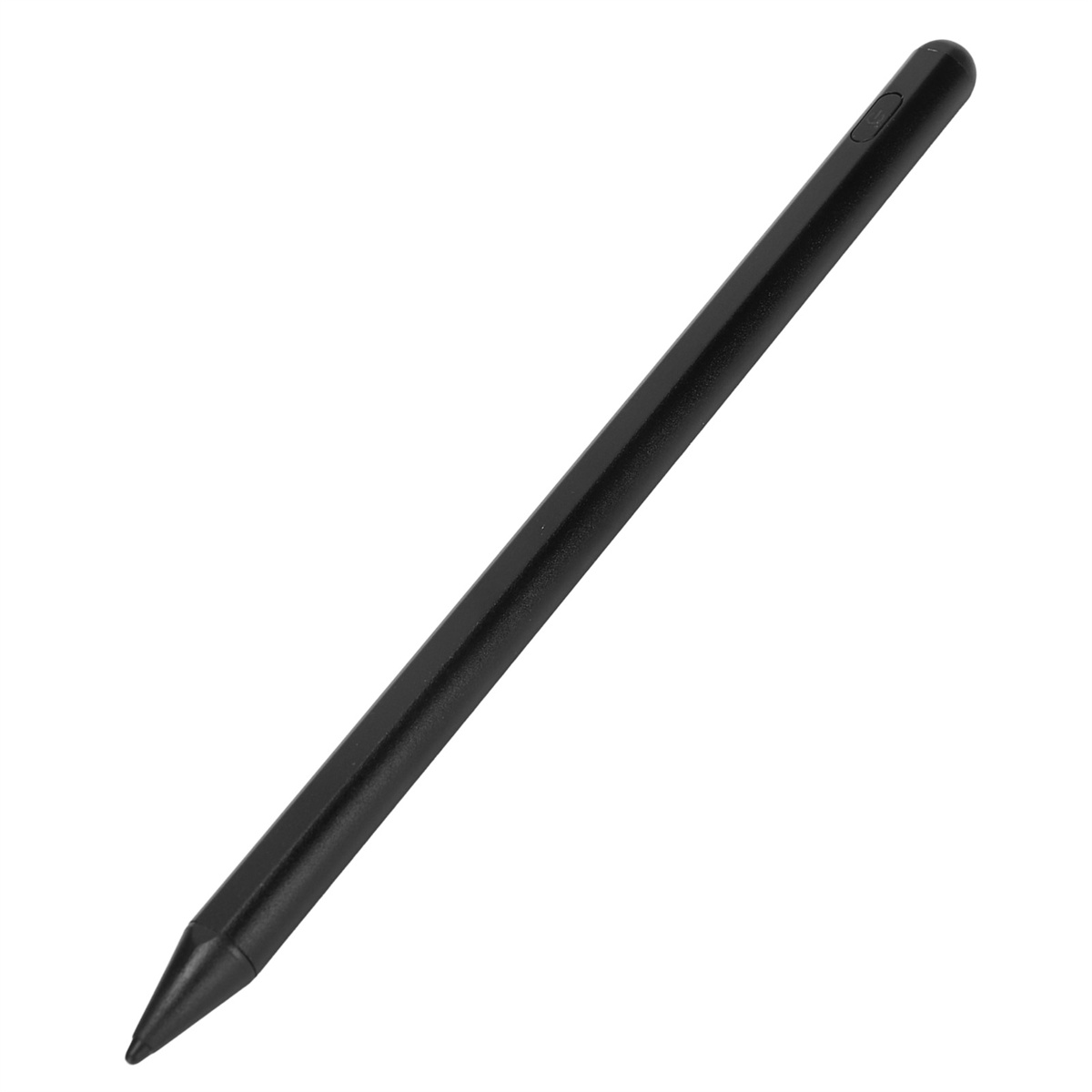 Schwarzer Stylus-Stift auf weißem Hintergrund. Der Stift ist zylindrisch mit einer spitzen Spitze.