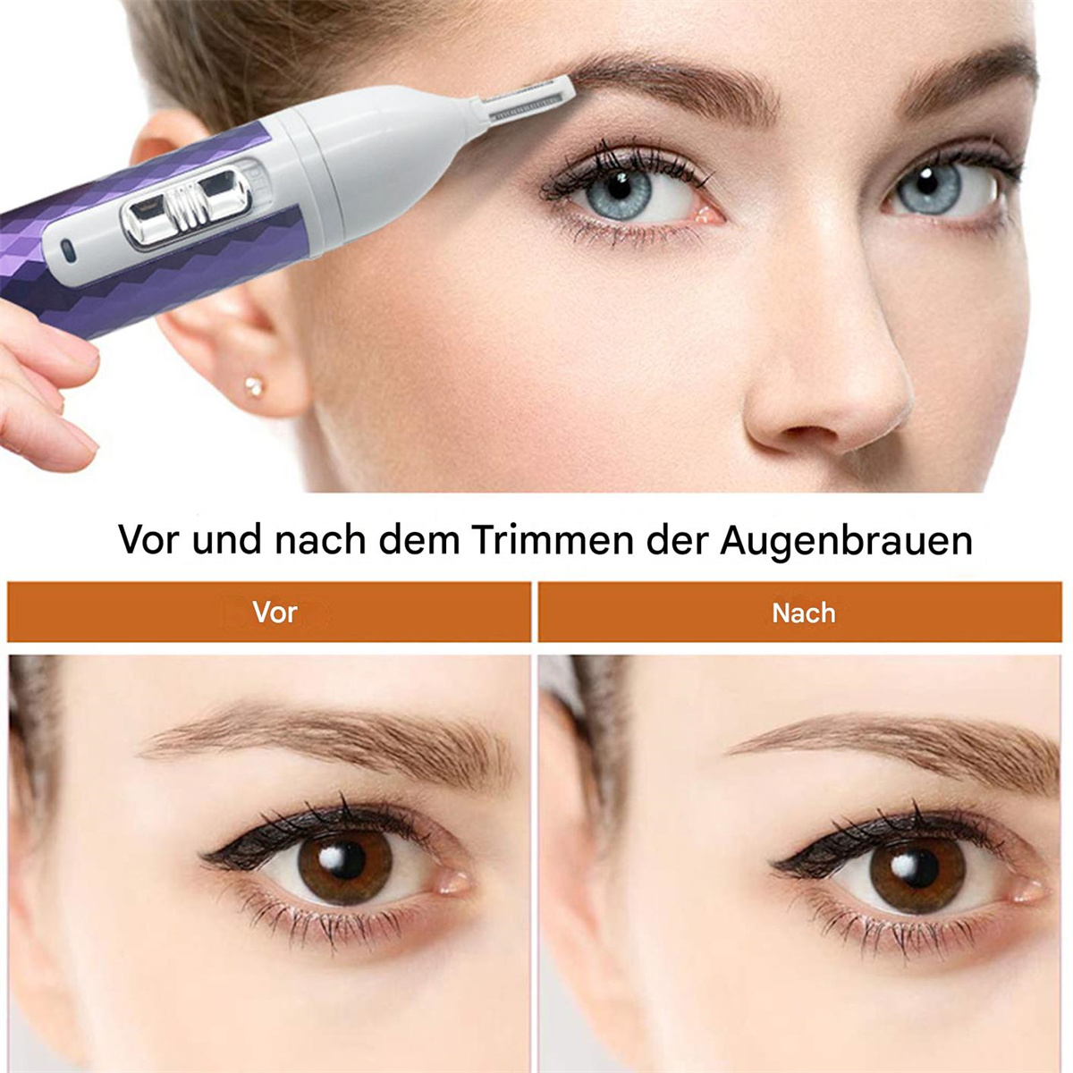 Augen einer Frau vor und nach dem Augenbrauenschneiden mit Werkzeug.