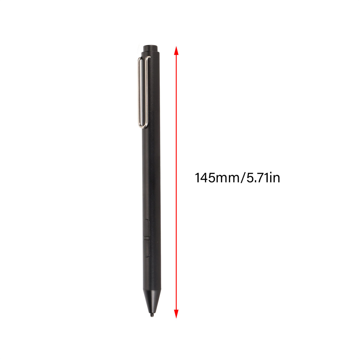 Ein schwarzer Stift mit Clip, misst 145 mm/5,71 Zoll. Isoliert auf weißem Hintergrund.