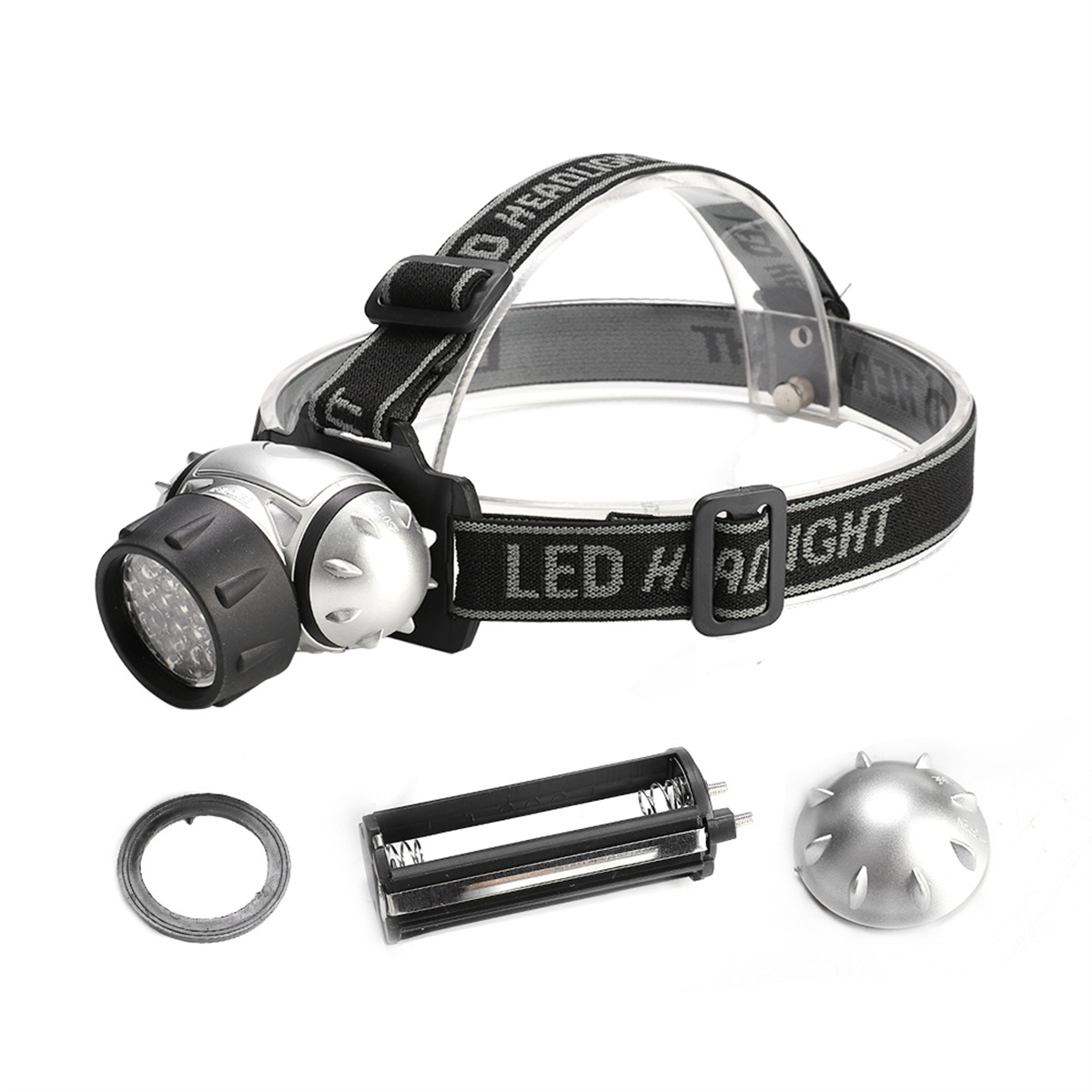 Stirnlampe mit mehreren LEDs und Gurt auf weißem Hintergrund.