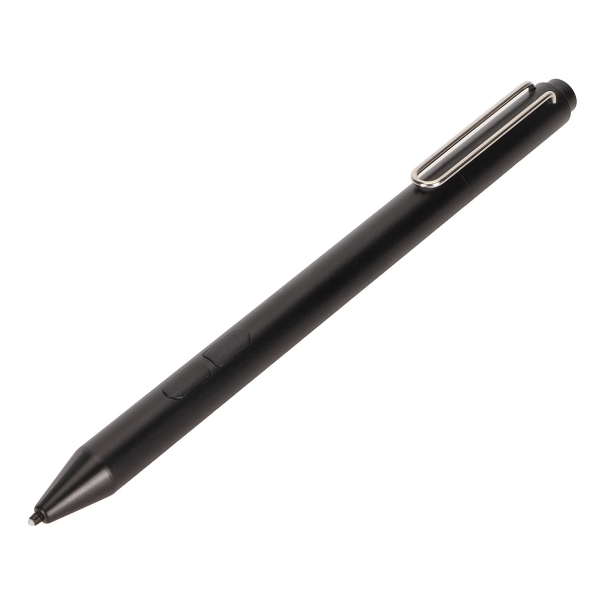 Ein schwarzer Stylus-Stift mit zwei Knöpfen und einem silbernen Clip. Der Stift liegt auf weißem Hintergrund.