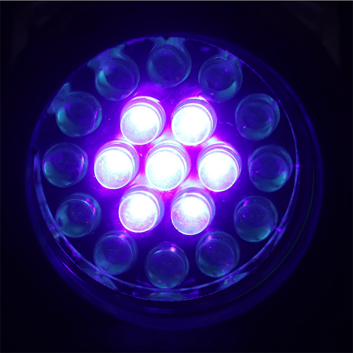 Ein kreisförmiges Array aus hellen LED-Leuchten, die weißes Licht aussenden, vor dunklem Hintergrund.
