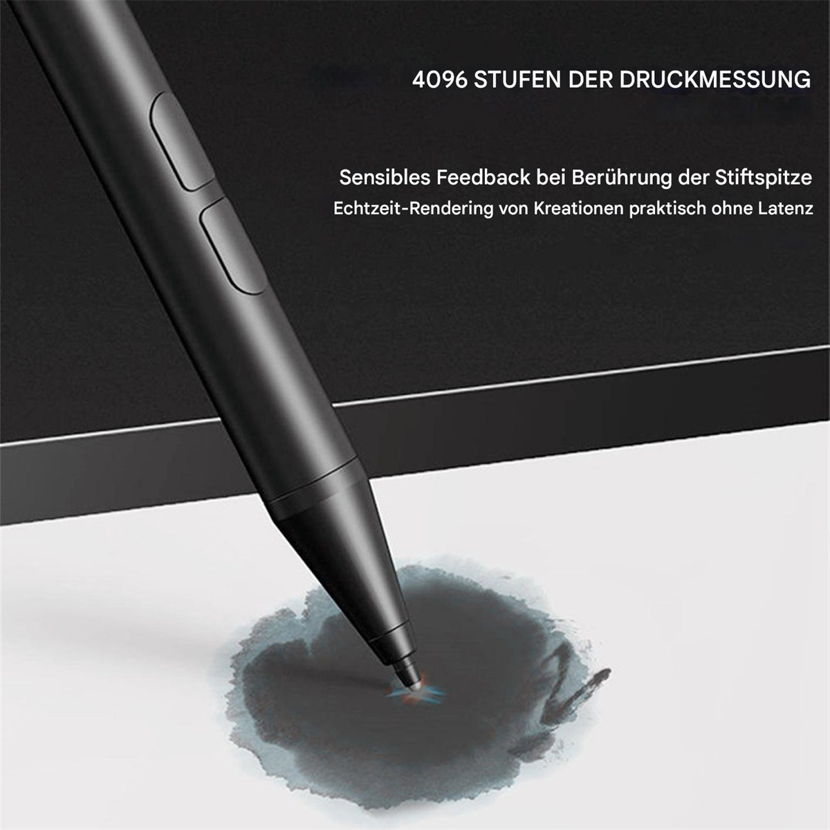Ein schwarzer Stylus-Stift auf einer weißen Oberfläche mit Text zur Druckempfindlichkeit.