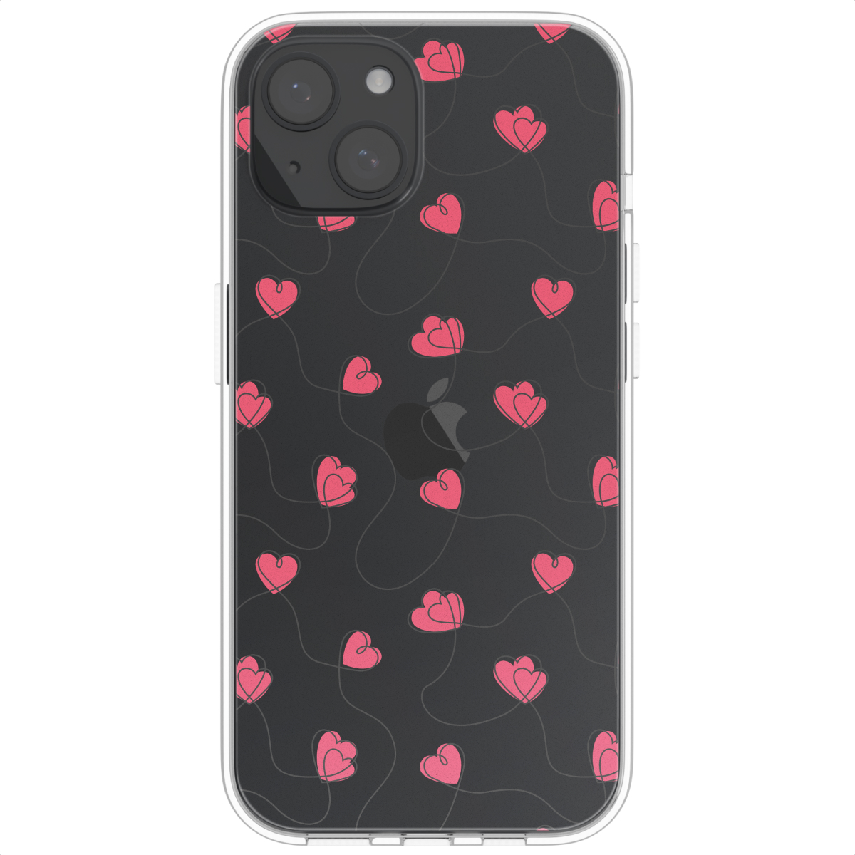 Telefoonhoesje met zwarte achtergrond, roze hartpatroon en camera.