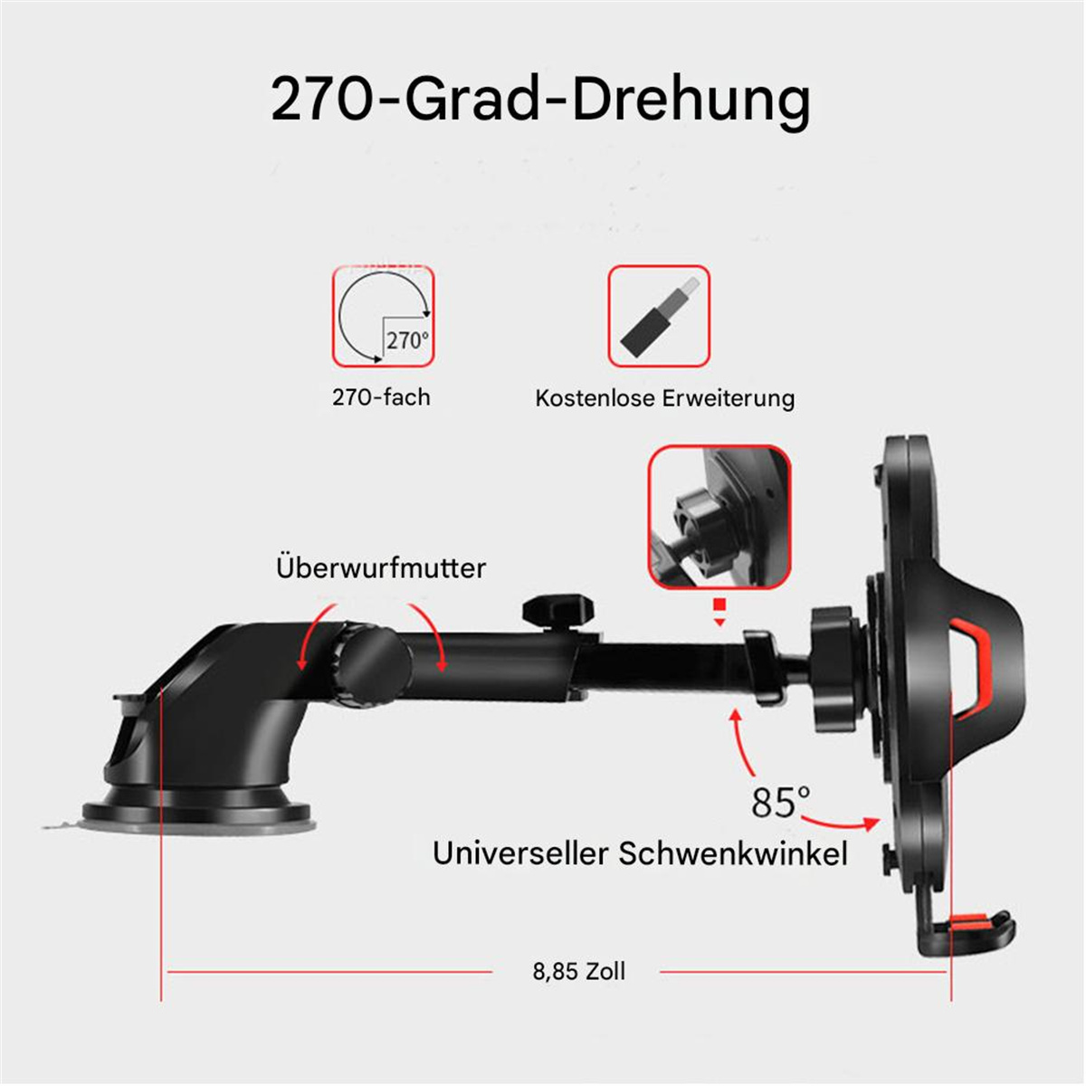 Eine Autotelefonhalterung mit Diagramm, das ihre 270-Grad-Drehung zeigt.