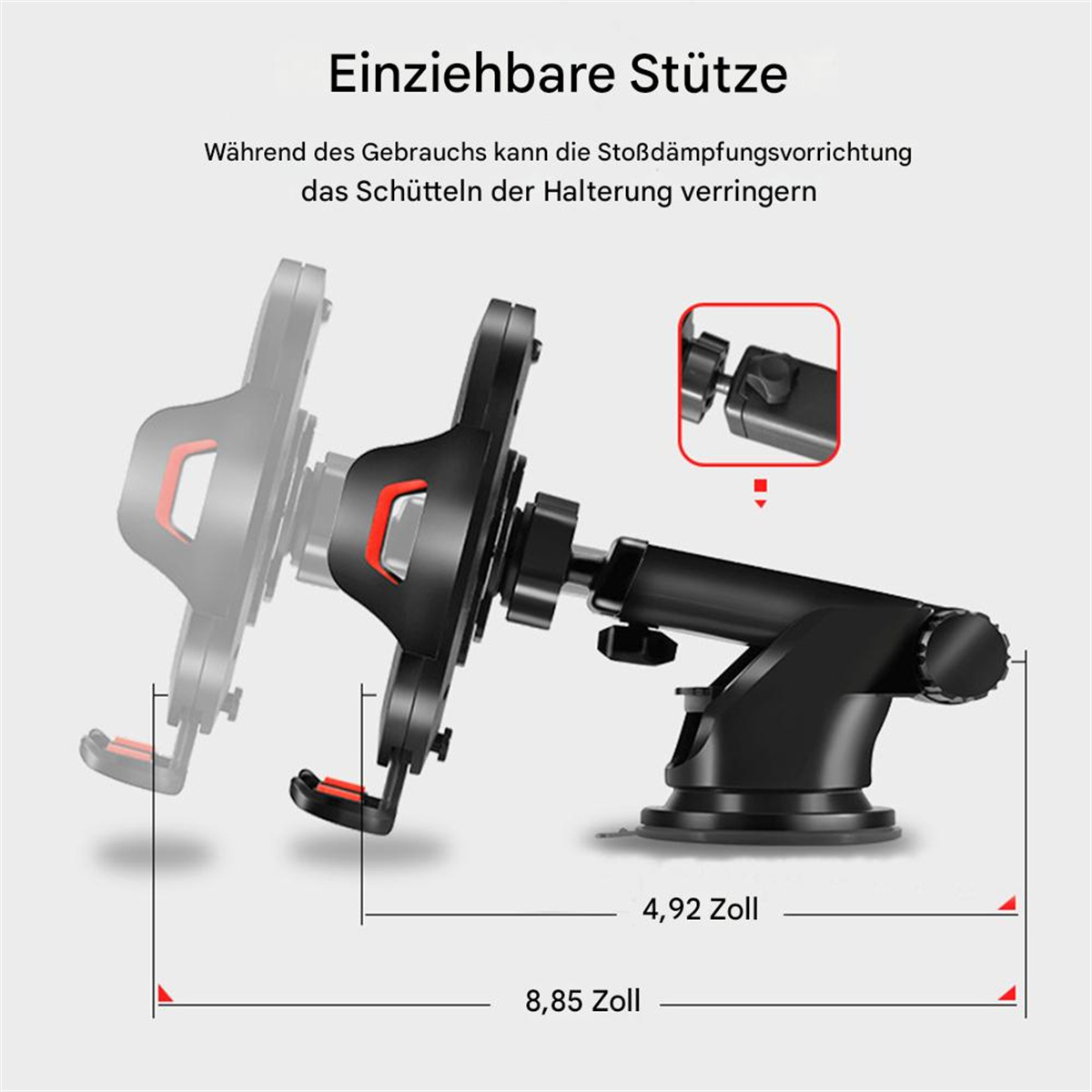 Eine Telefonhalterung mit rotem Akzent, mit Maßen in Zoll, und weißem Hintergrund, deutscher Text.