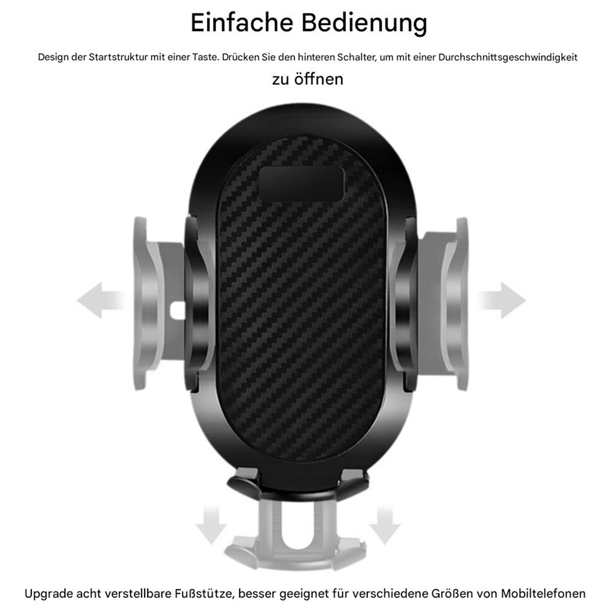 Schwarzer Autotelefonhalter mit verstellbaren Armen und Carbonfaser-Design.