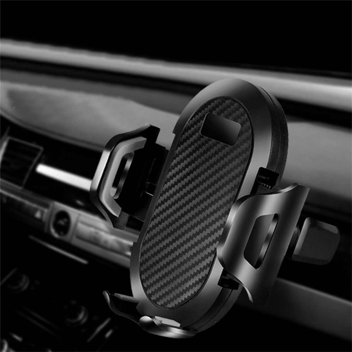 Schwarzer Autotelefonhalter mit Carbonfaserstruktur und sicherem Griffdesign.