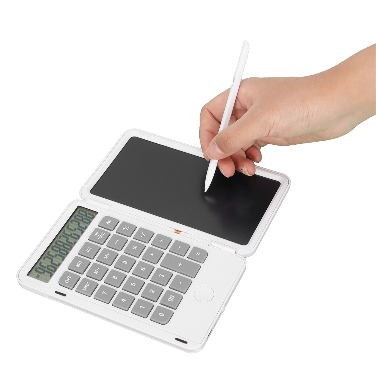 Weißer Rechner mit Bildschirm, Tasten und Stift. Eine Hand hält den Stift über dem Bildschirm.