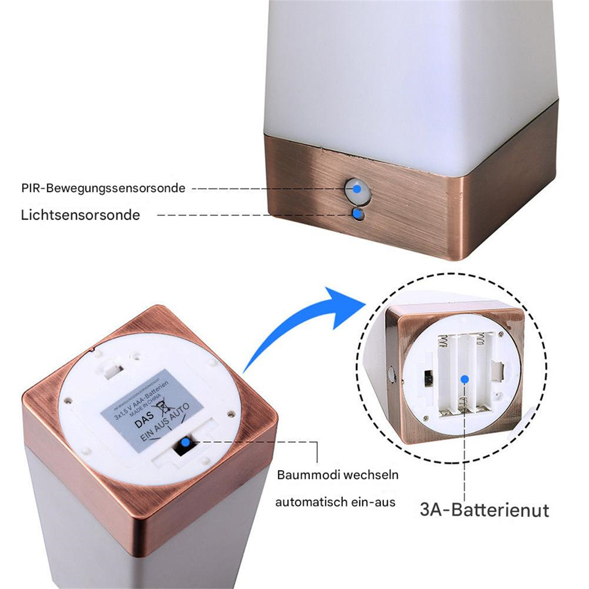 Detaillierte Ansicht einer weißen Lampe mit kupferfarbenem Rand und Batterieschacht.