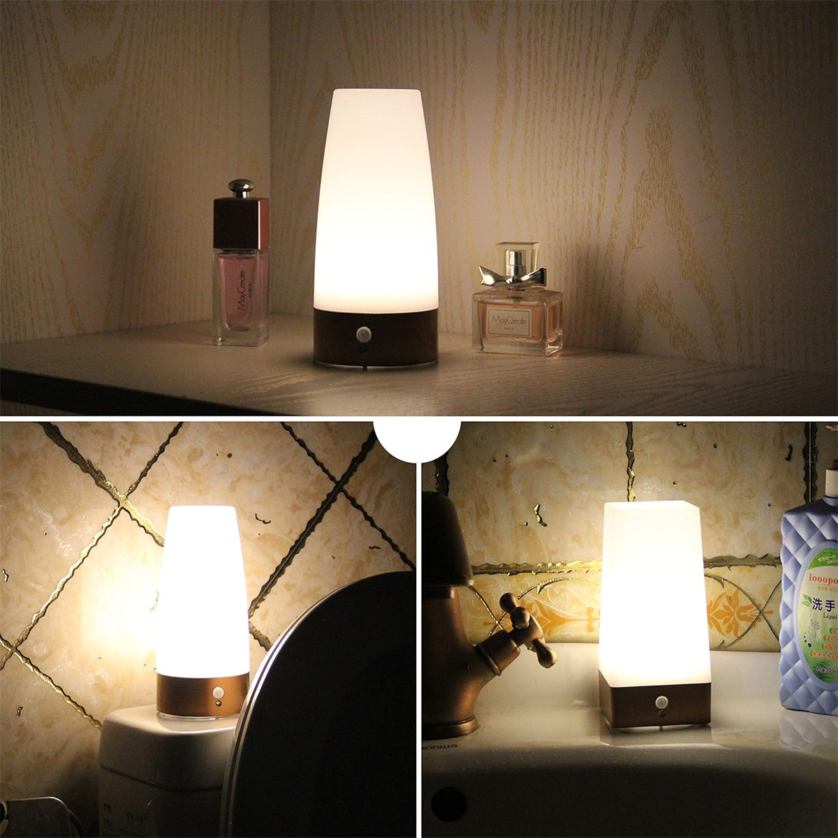Drei Szenen mit einer weißen Lampe. Eine Szene zeigt die Lampe auf einem Regal mit Parfums.