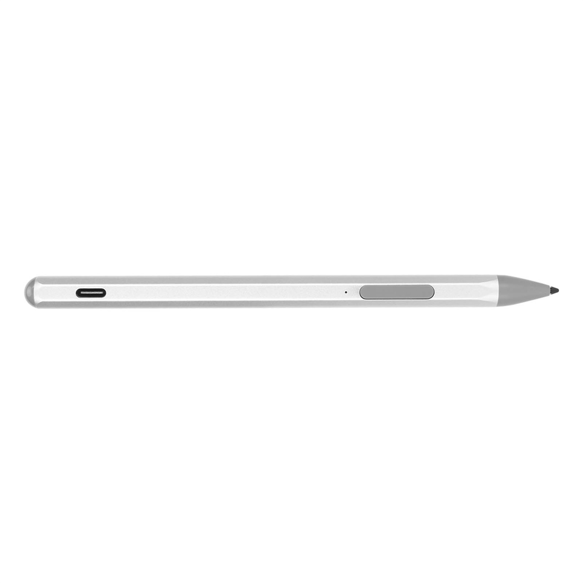 Ein silberner Stift mit einer Taste an der Seite und einer spitzen Spitze, vor weißem Hintergrund.