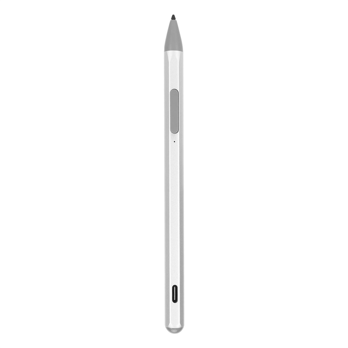 Ein silberner Eingabestift mit einem Knopf an der Seite, vor weißem Hintergrund, einfach und sauber.