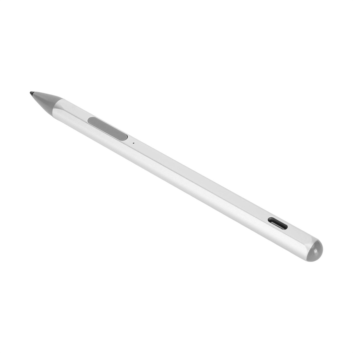 Ein weißer Stift auf weißem Hintergrund. Der Stift ist zylindrisch und hat eine graue Spitze und ein graues Ende.