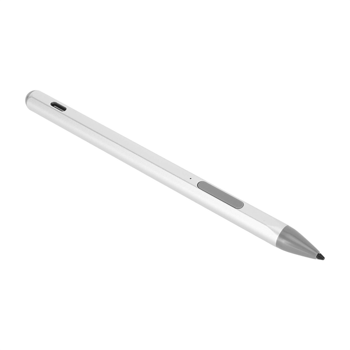 Ein silberner Stift, der auf einer weißen Oberfläche liegt. Er hat eine graue Taste und eine schwarze Spitze.