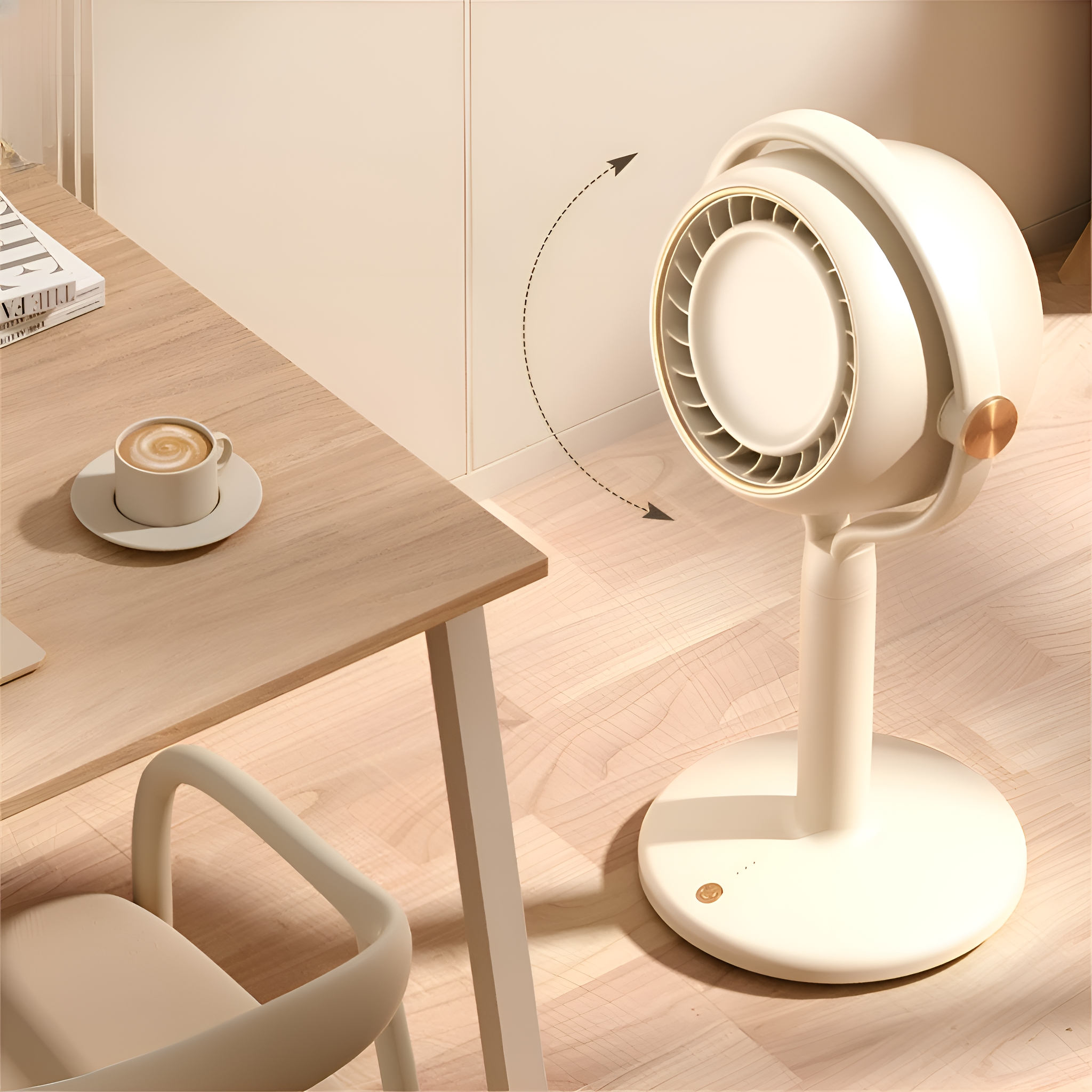 Ein weißer Ventilator auf dem Boden. Eine Kaffeetasse auf einem Tisch. Ein Stuhl daneben.