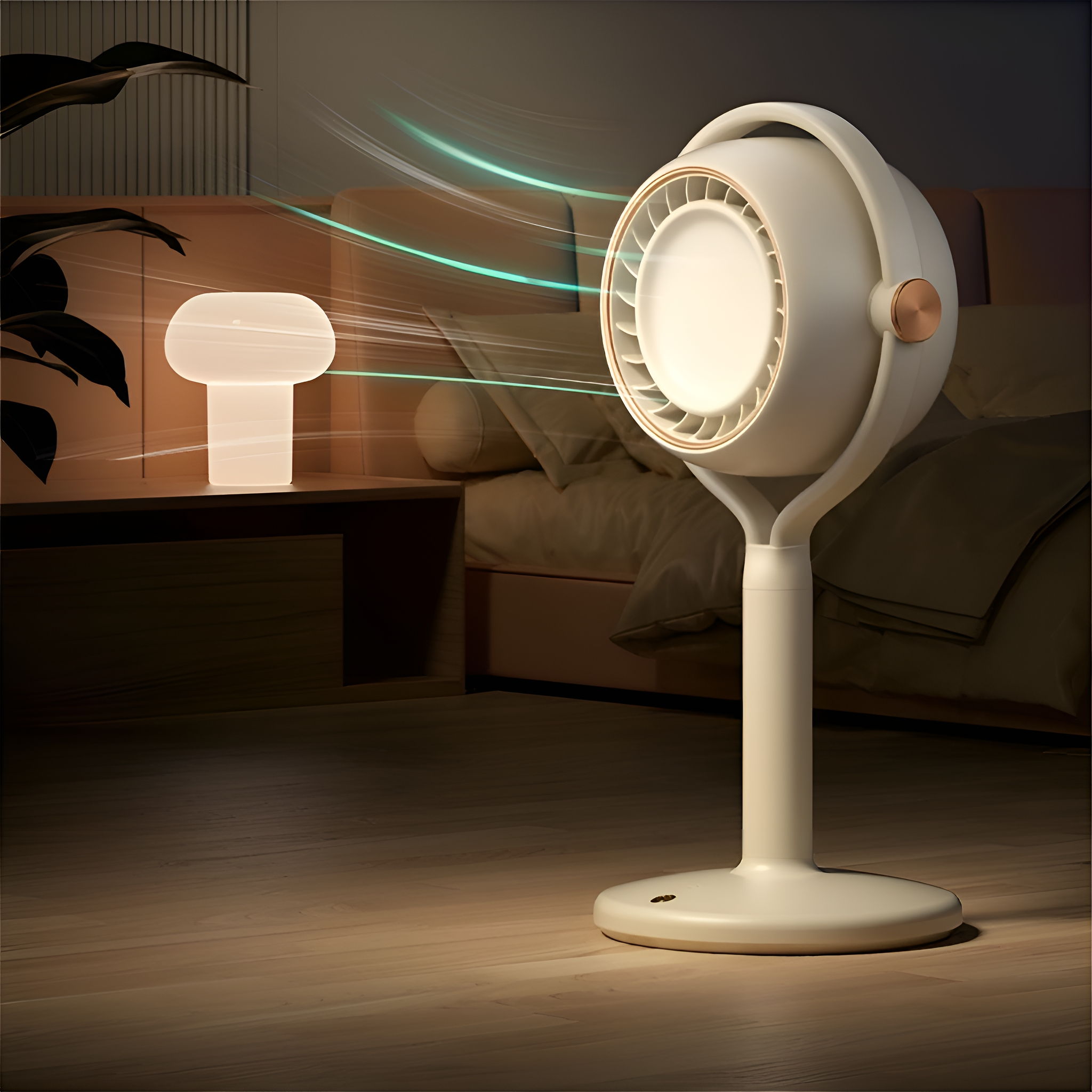 Weißer Ventilator, auf einem Ständer, und eine Lampe auf einem Tisch in einem Schlafzimmer.