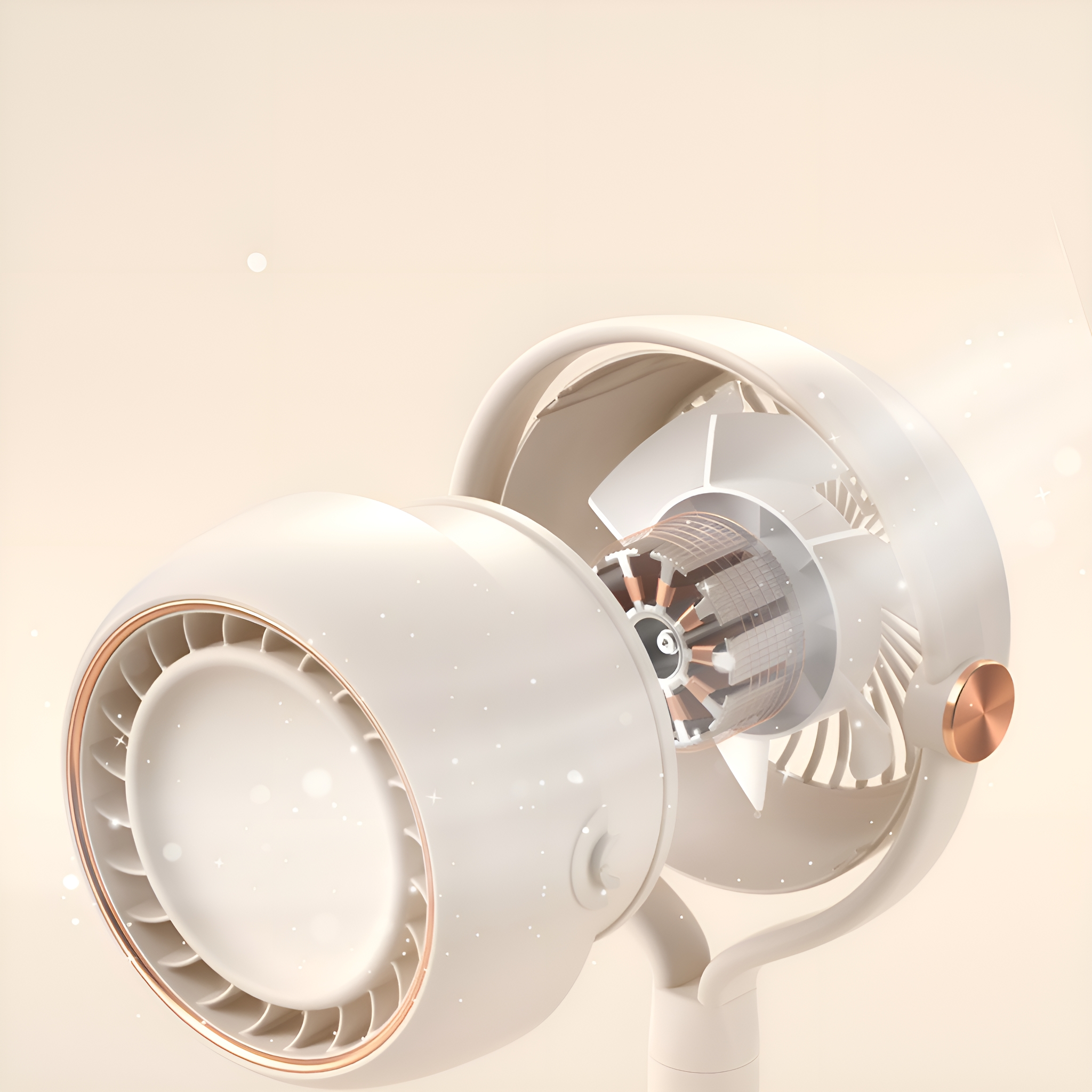 Ein weißer Ventilator mit roségoldfarbener Einfassung, offen und mit Innenventilator und Motor.