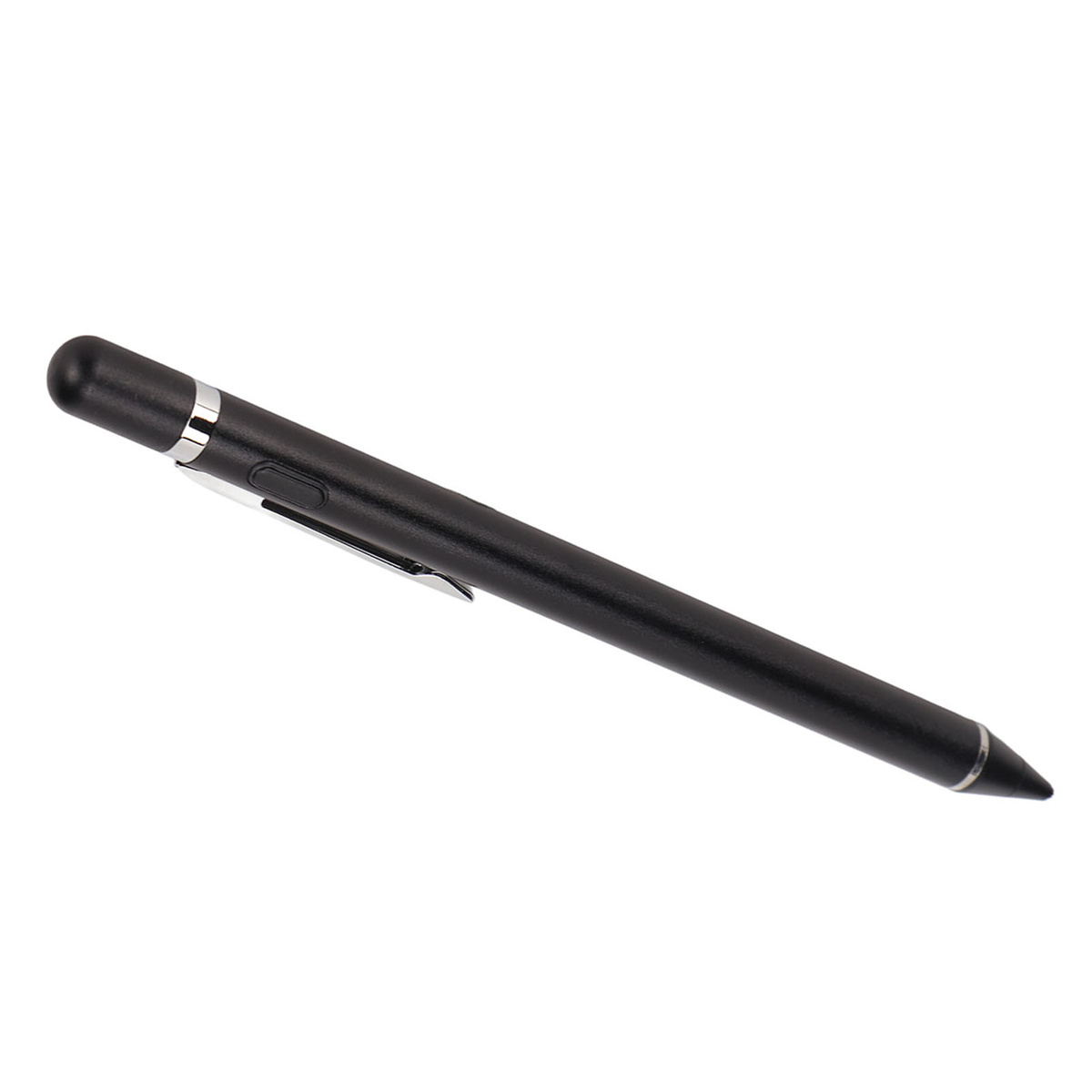 Schwarzer Stift mit silbernem Clip. Der Stift ist auf weißem Hintergrund.