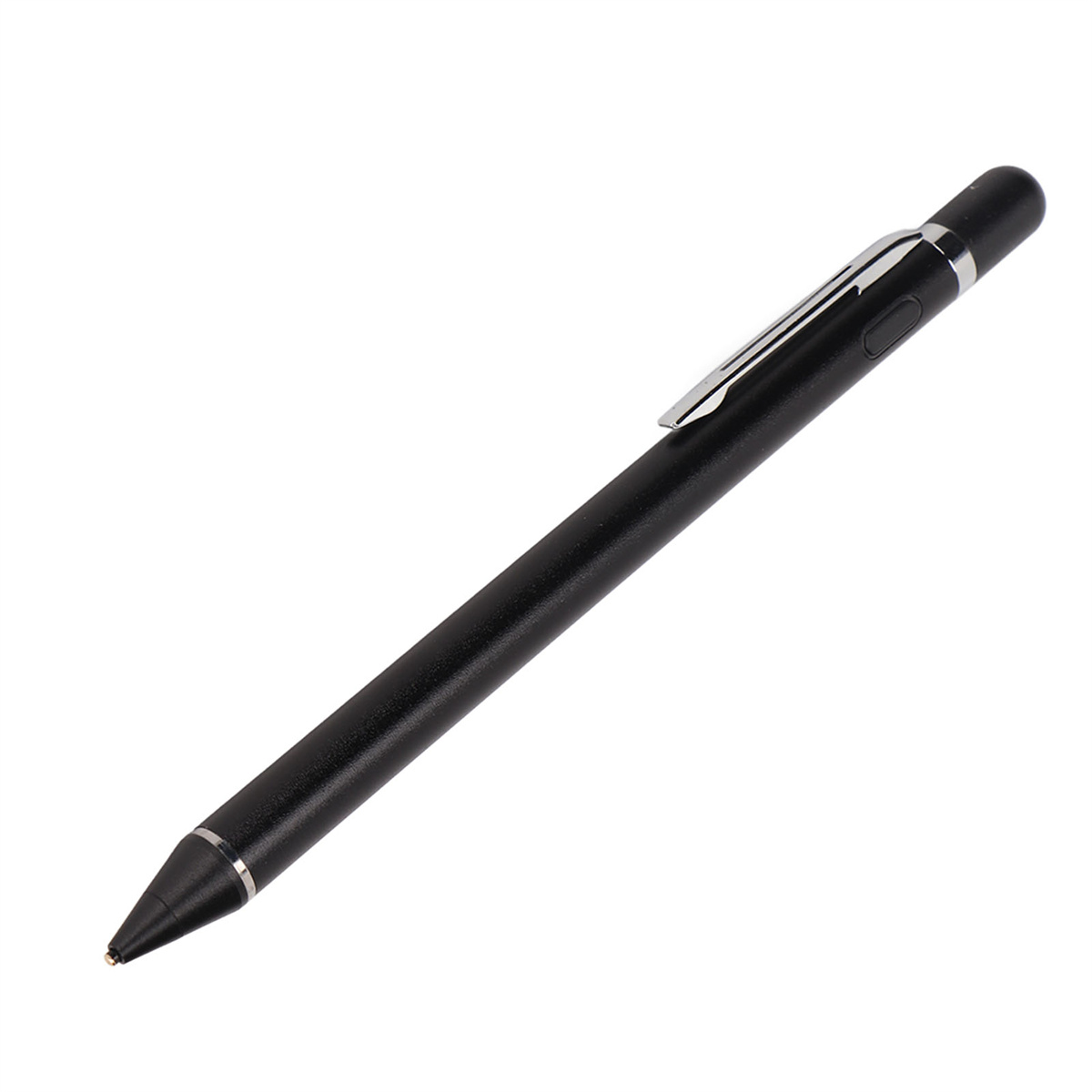 Schwarzer Stift mit silbernem Clip auf weißem Hintergrund. Er hat eine Stiftspitze und einen Knopf.