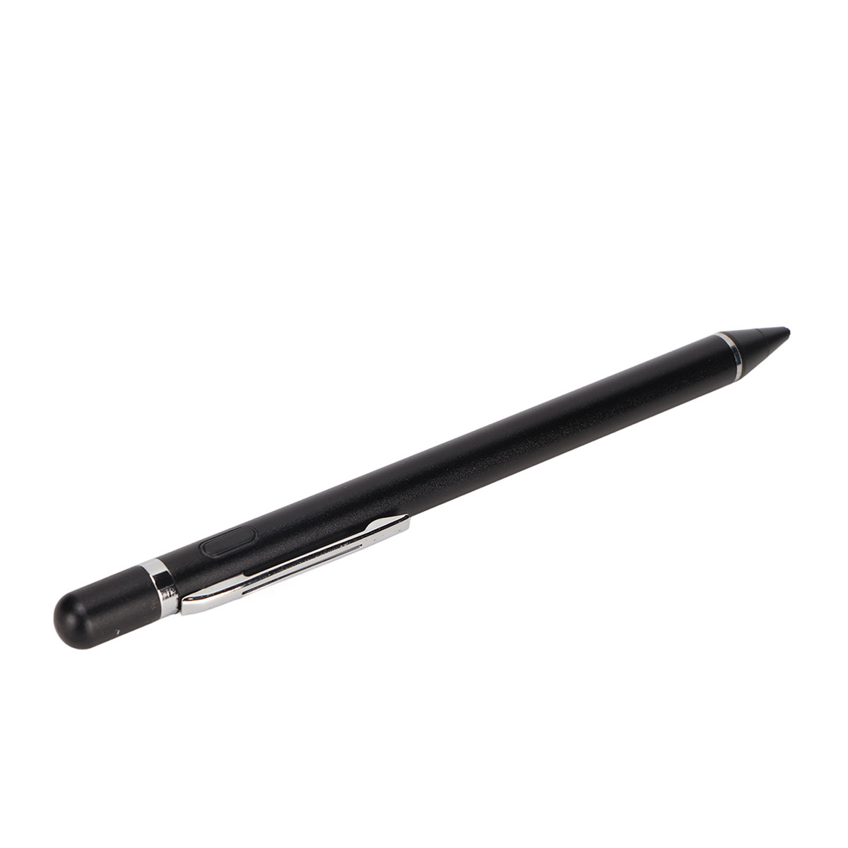 Schwarzer Stift. Es ist ein schlankes, schwarzes Gerät für die Touchscreen-Interaktion, geeignet zum Schreiben und Zeichnen.