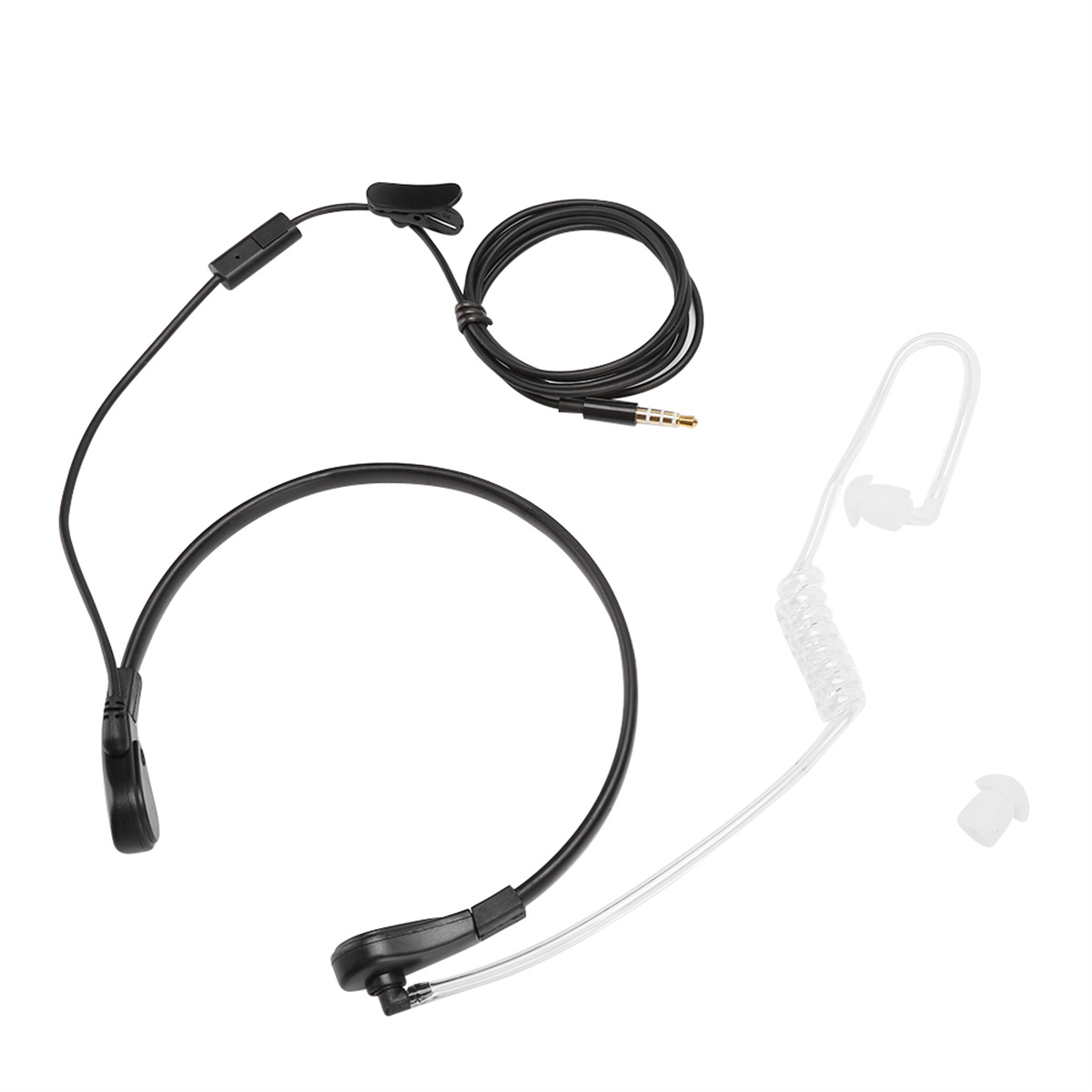 Headset mit Ohrhörer und Mikrofon, schwarz und transparent, auf weißem Hintergrund.