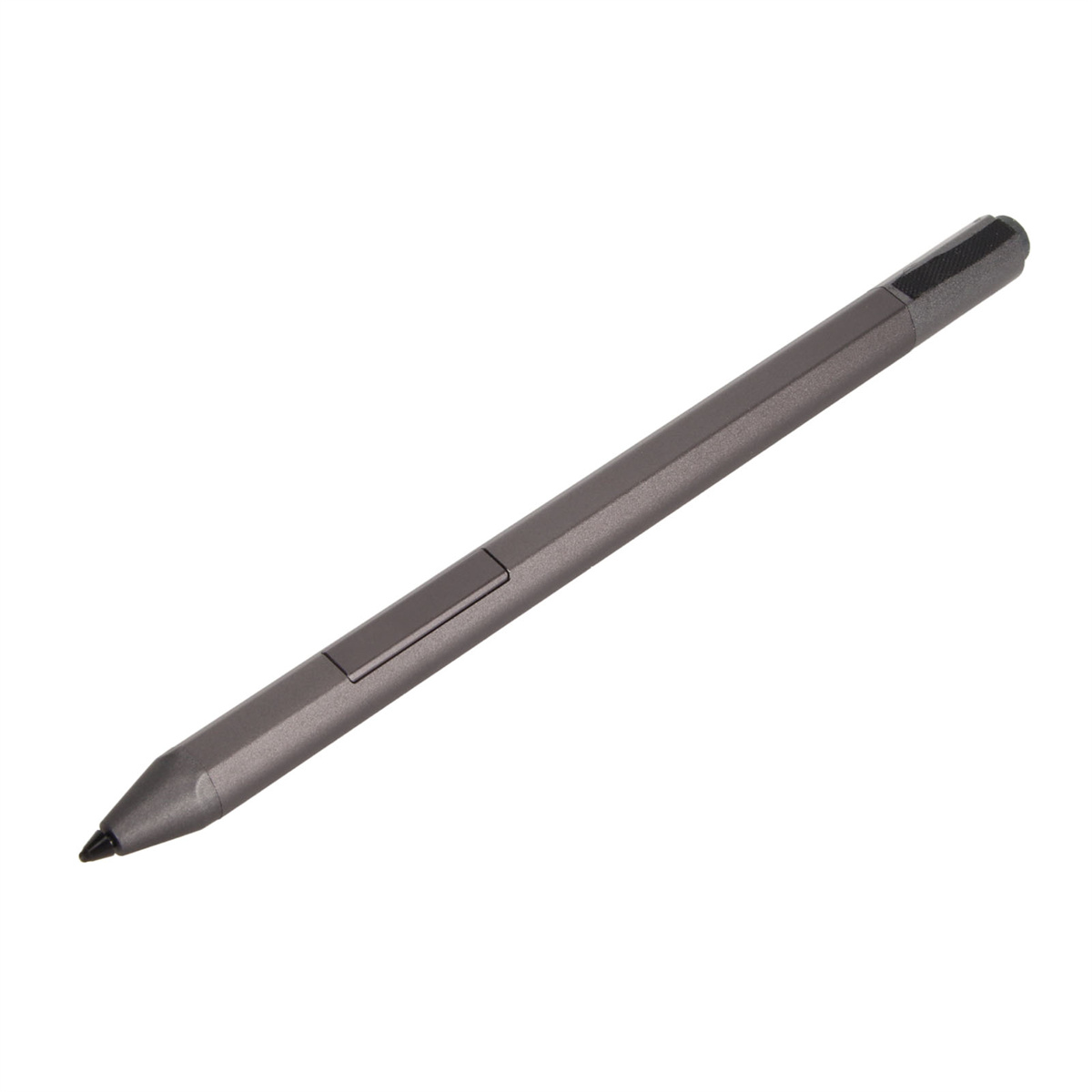 Ein grauer Stift mit schwarzer Spitze liegt auf weißem Hintergrund.