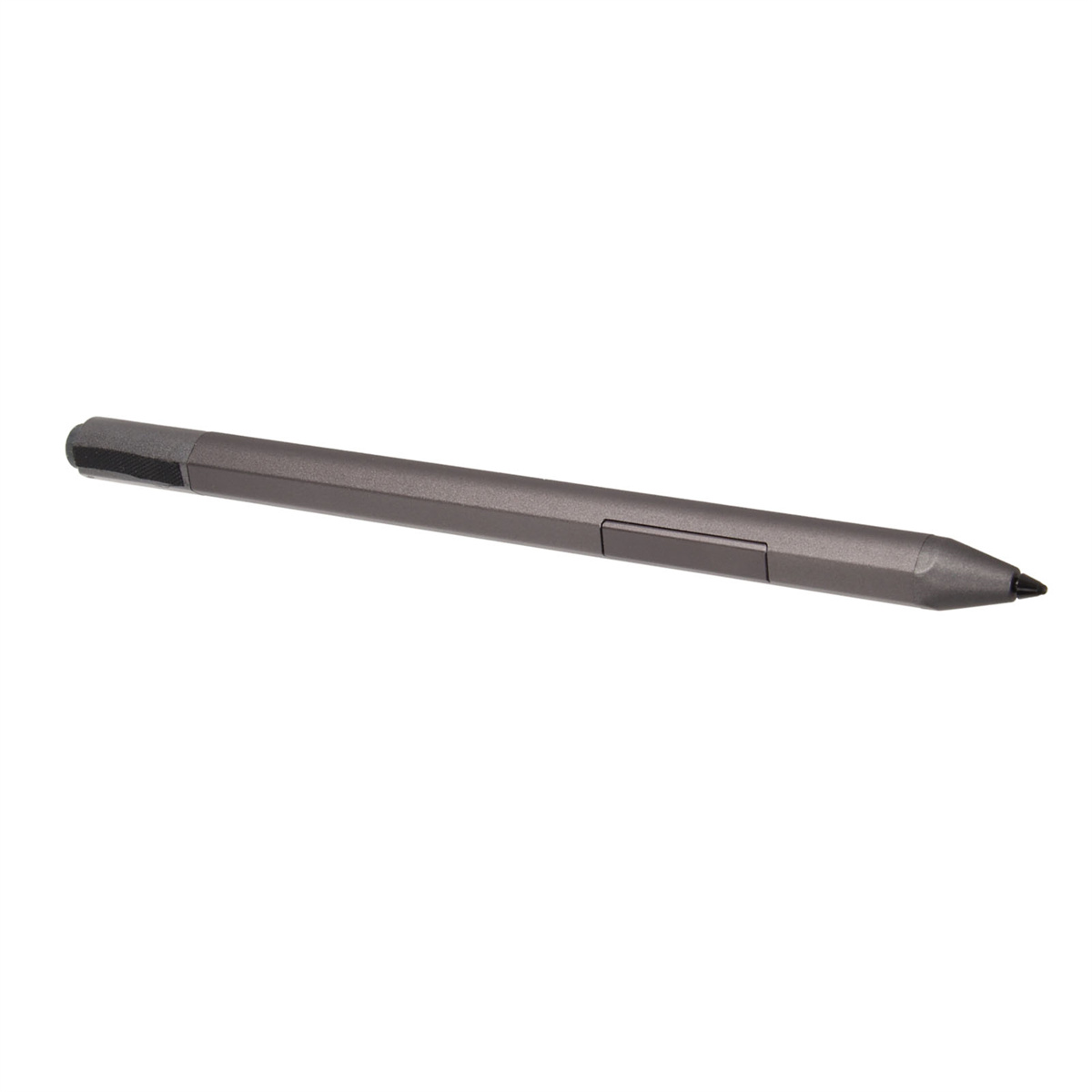 Ein dunkelgrauer Stift auf weißem Hintergrund, von oben gesehen, nach rechts zeigend.