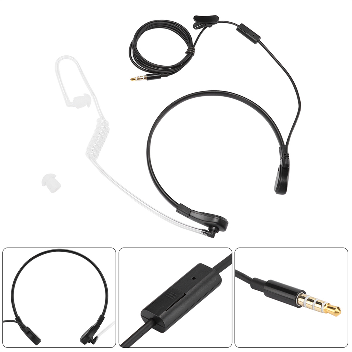 Headset mit durchsichtigem Schlauch, Ohrhörer und Mikrofon. Drei Detailaufnahmen enthalten.